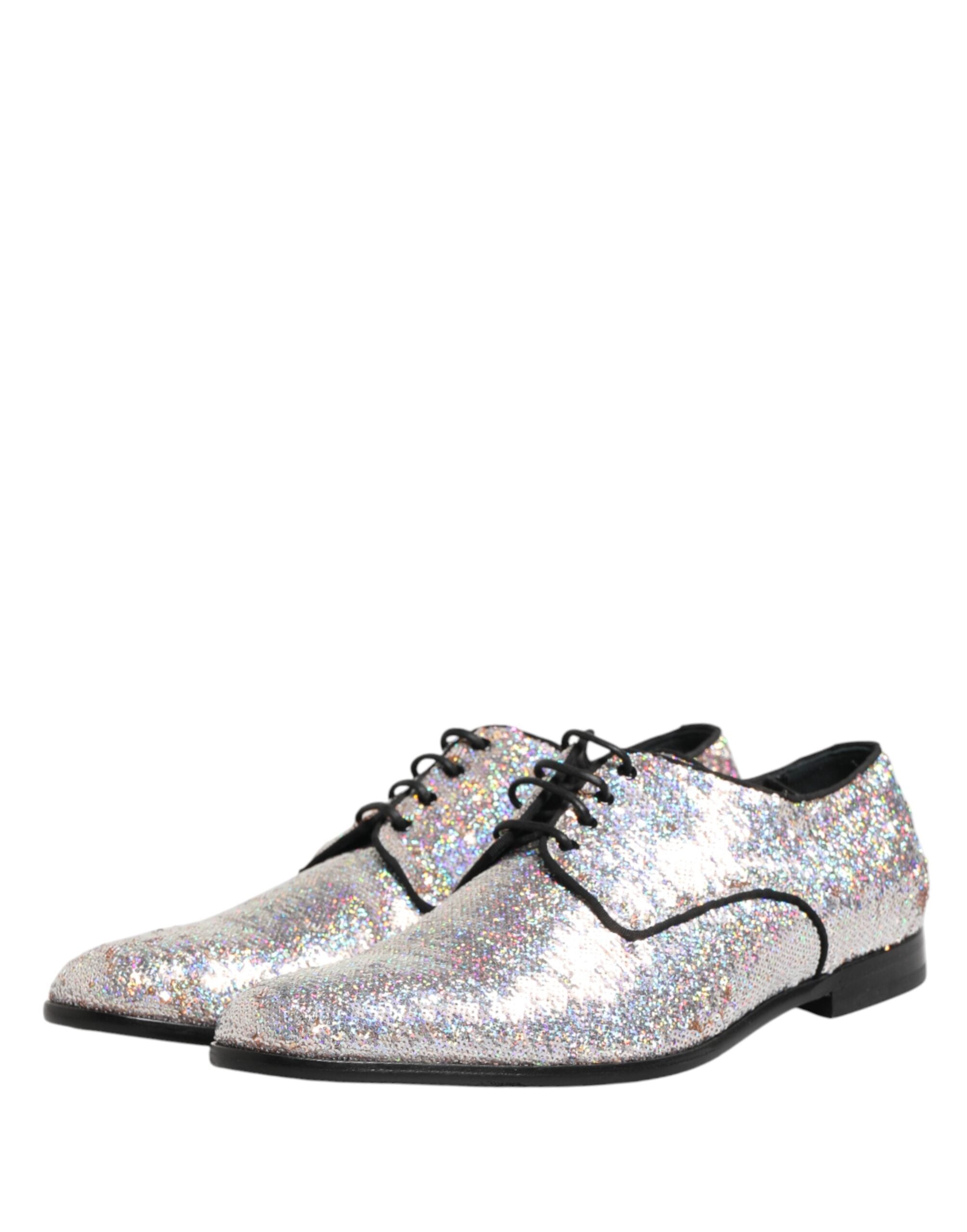 Dolce & Gabbana Silver Sequined Lace Up Men Derby Dress Shoes