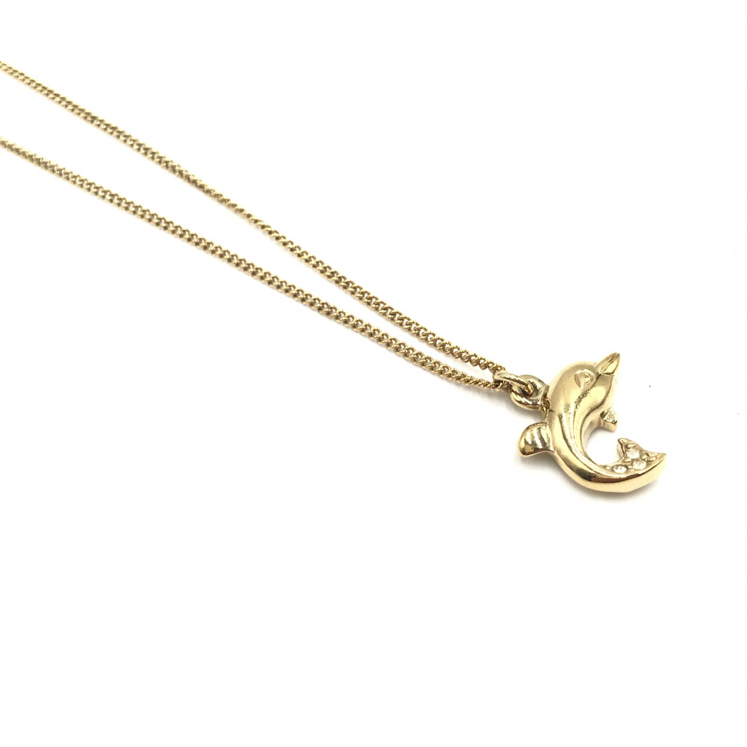 Christian Dior Dolphin Motif Rhinestone Gold Plated Necklace