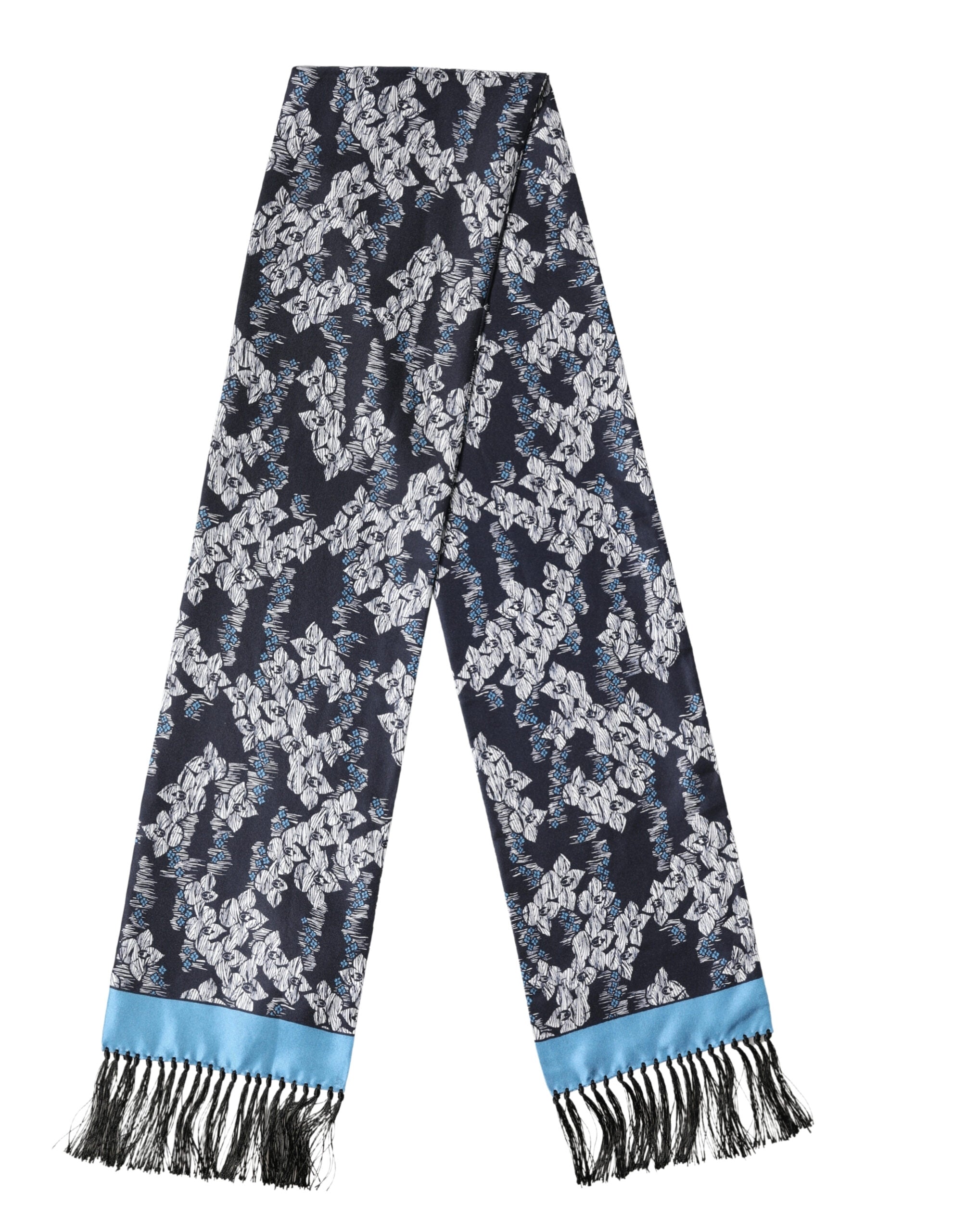 Dolce & Gabbana Black Blue Silk Floral Pattern Fringe 140cm x 16cm  Scarf