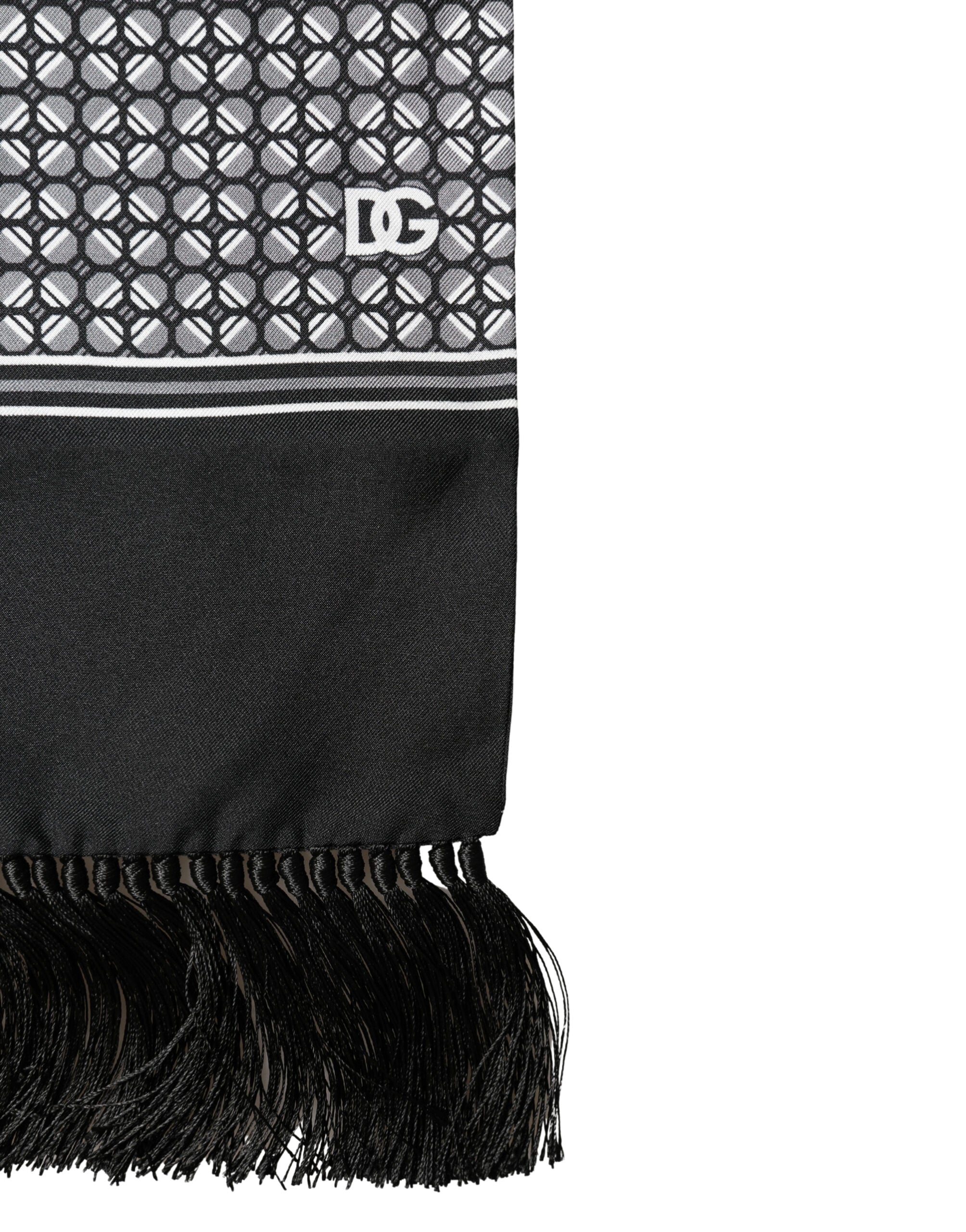 Dolce & Gabbana Black Silk Geometric Fringed Foulard 140cm x 15cm Scarf