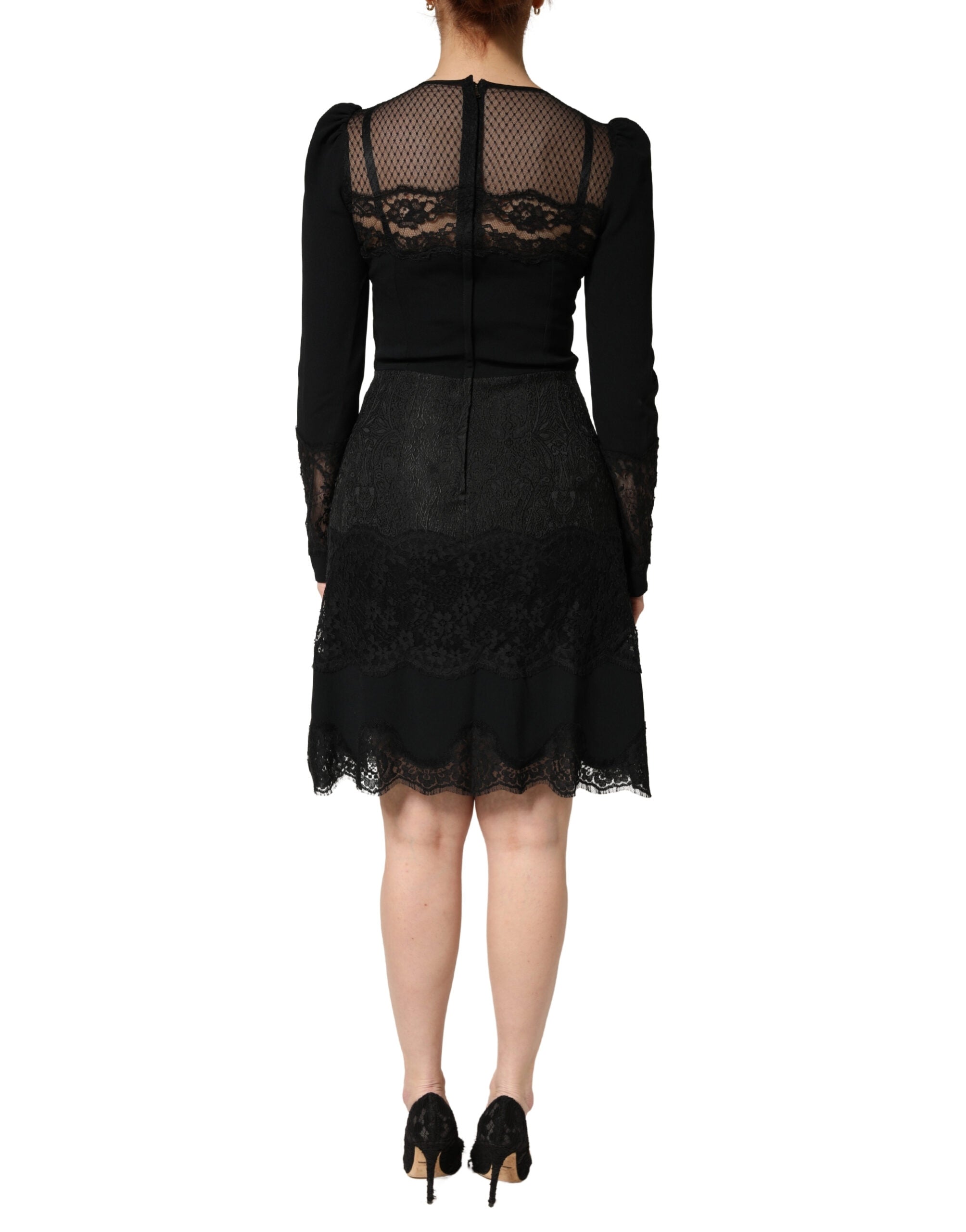 Dolce & Gabbana Black Lace Sheer Panel Midi Long Sleeve  Dress