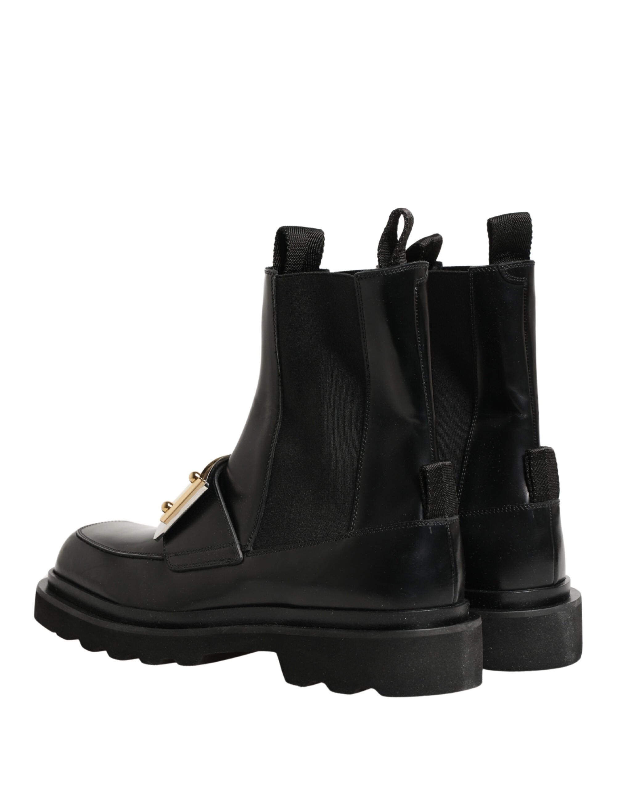 Dolce & Gabbana Black Leather Logo Plaque Ankle Boots Shoes