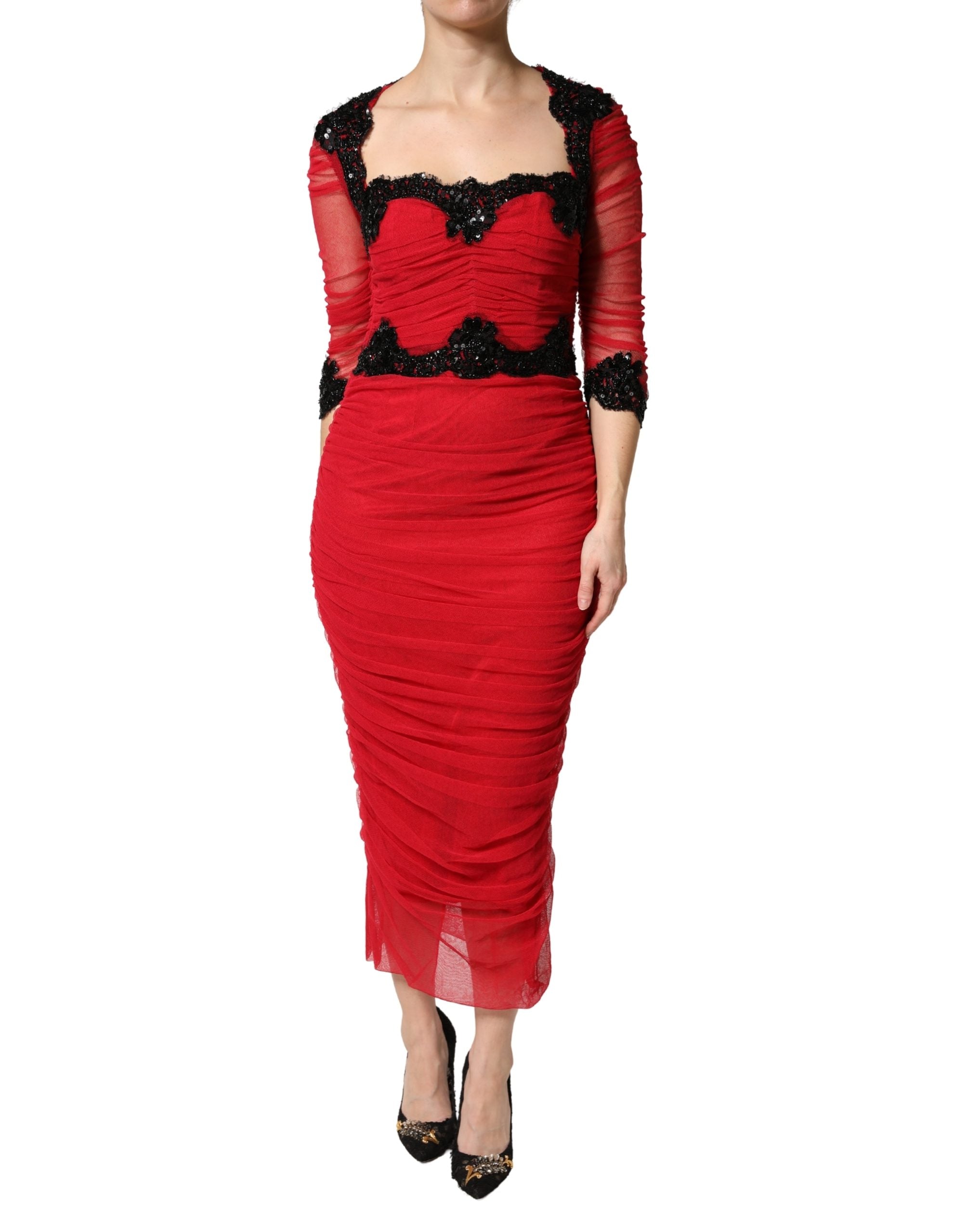 Vestido midi tubo ceñido de Dolce & Gabbana con ribete de malla rojo