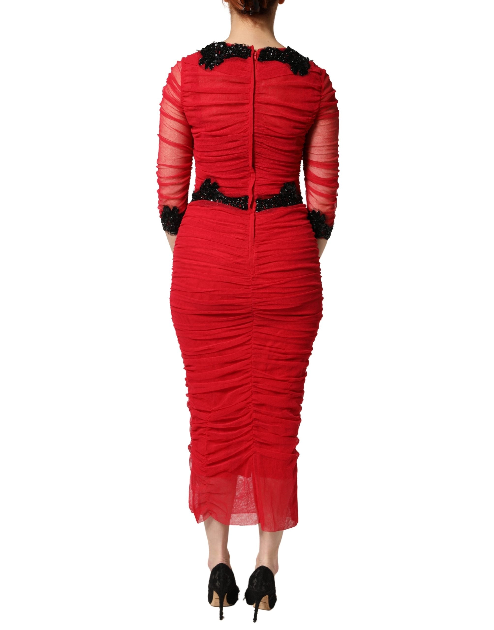 Vestido midi tubo ceñido de Dolce & Gabbana con ribete de malla rojo