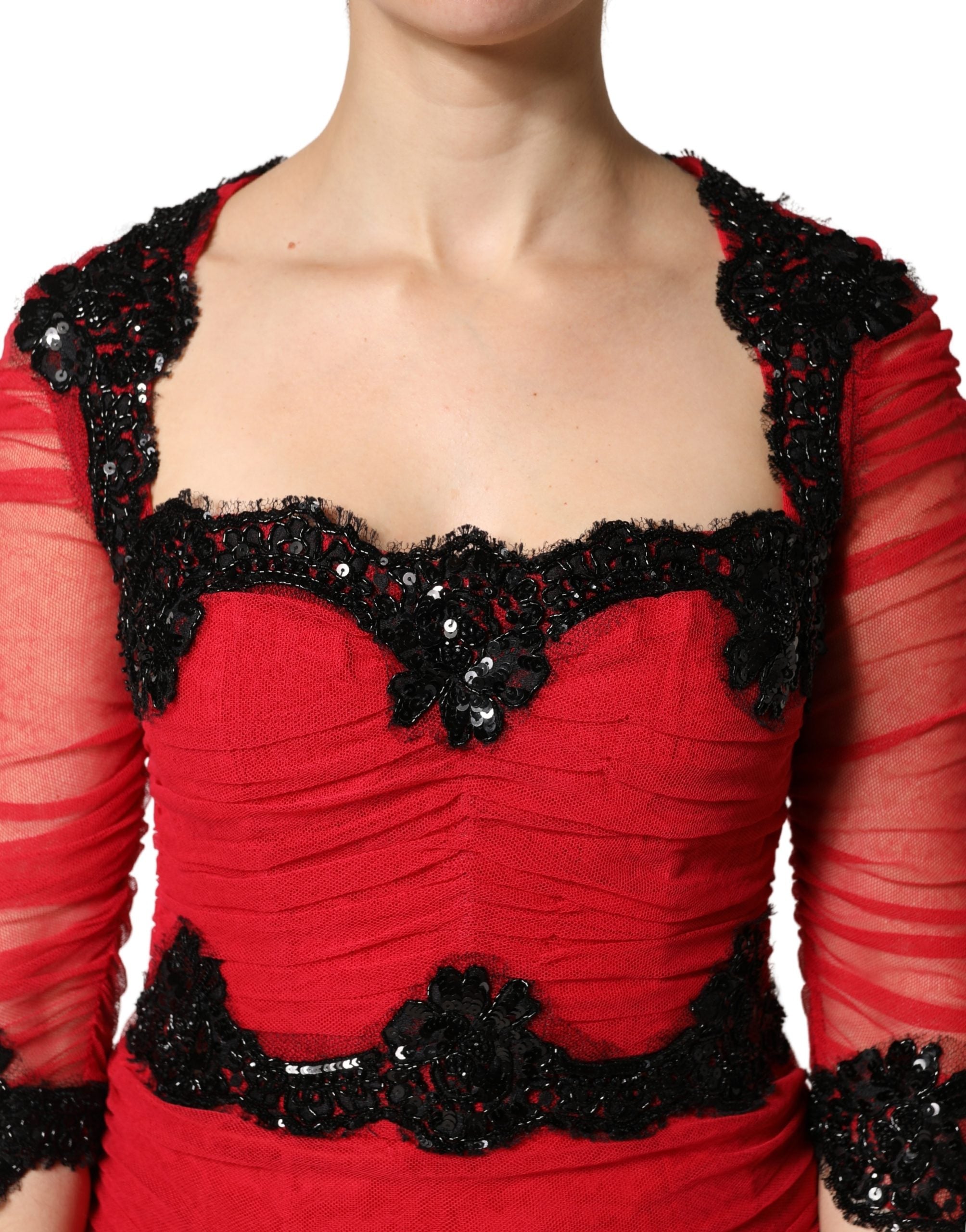 Vestido midi tubo ceñido de Dolce & Gabbana con ribete de malla rojo