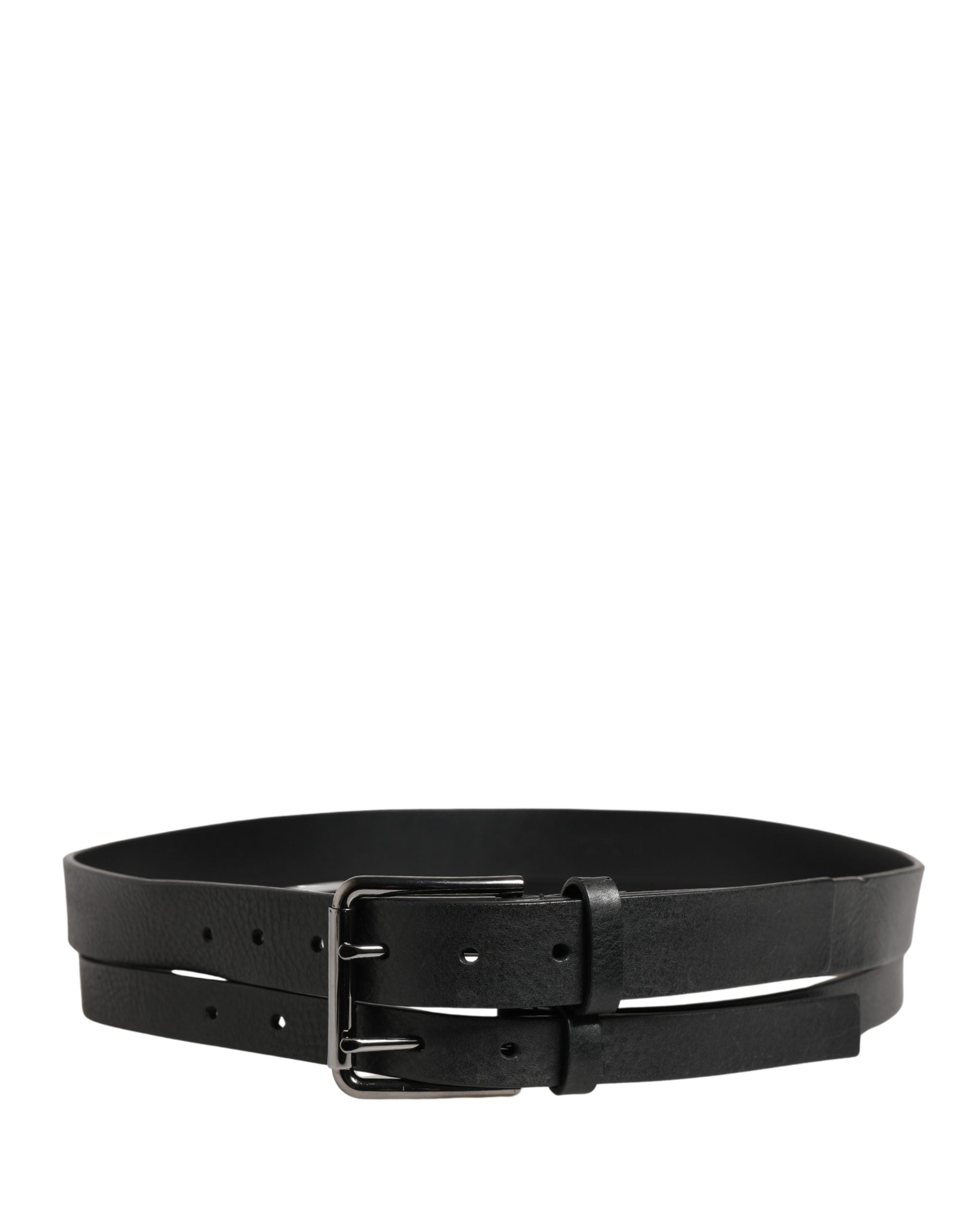Cinturón Dolce & Gabbana negro de piel con doble correa y hebilla plateada