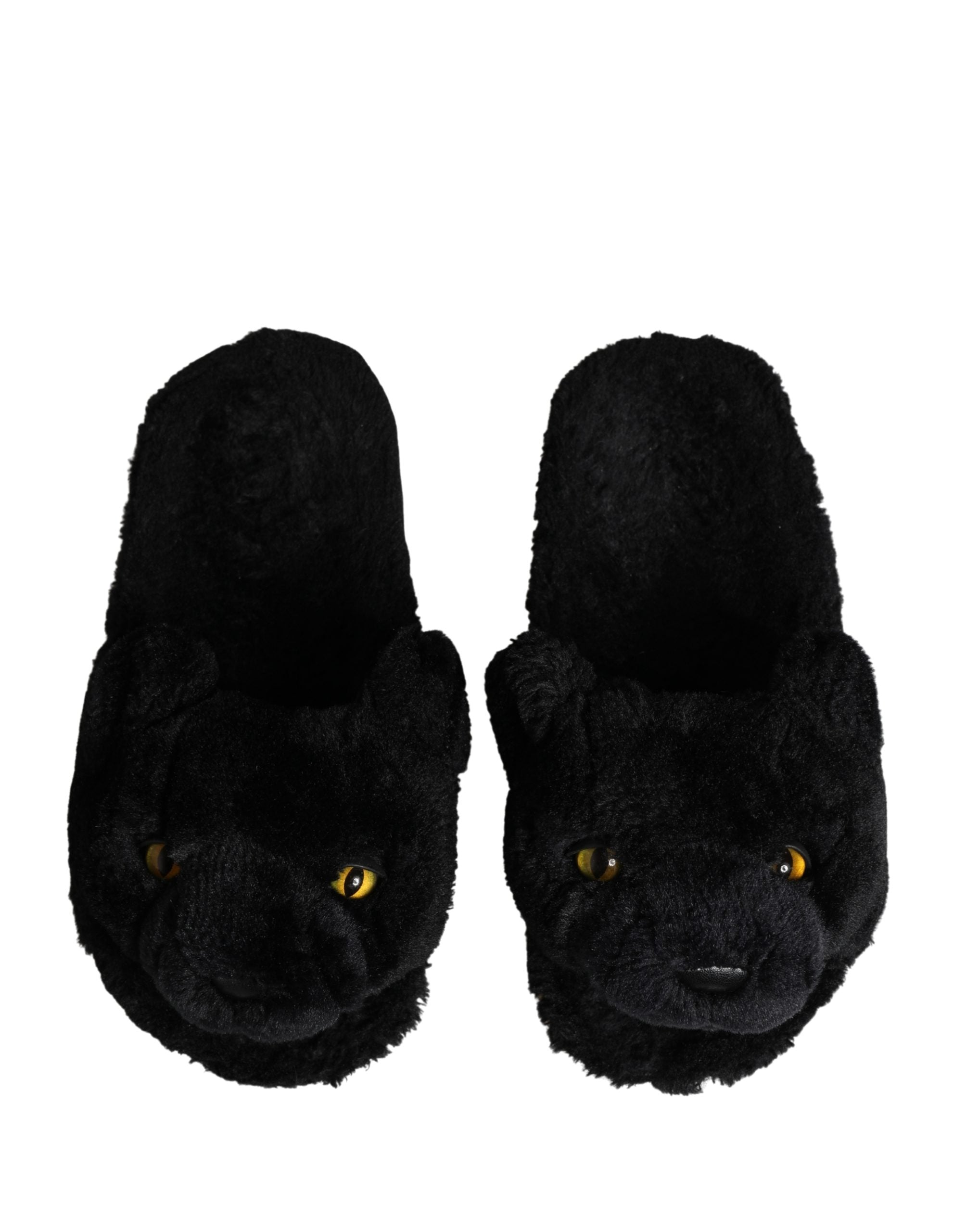 Dolce & Gabbana Black Faux Fur Panther Plush Flat Slides Shoes