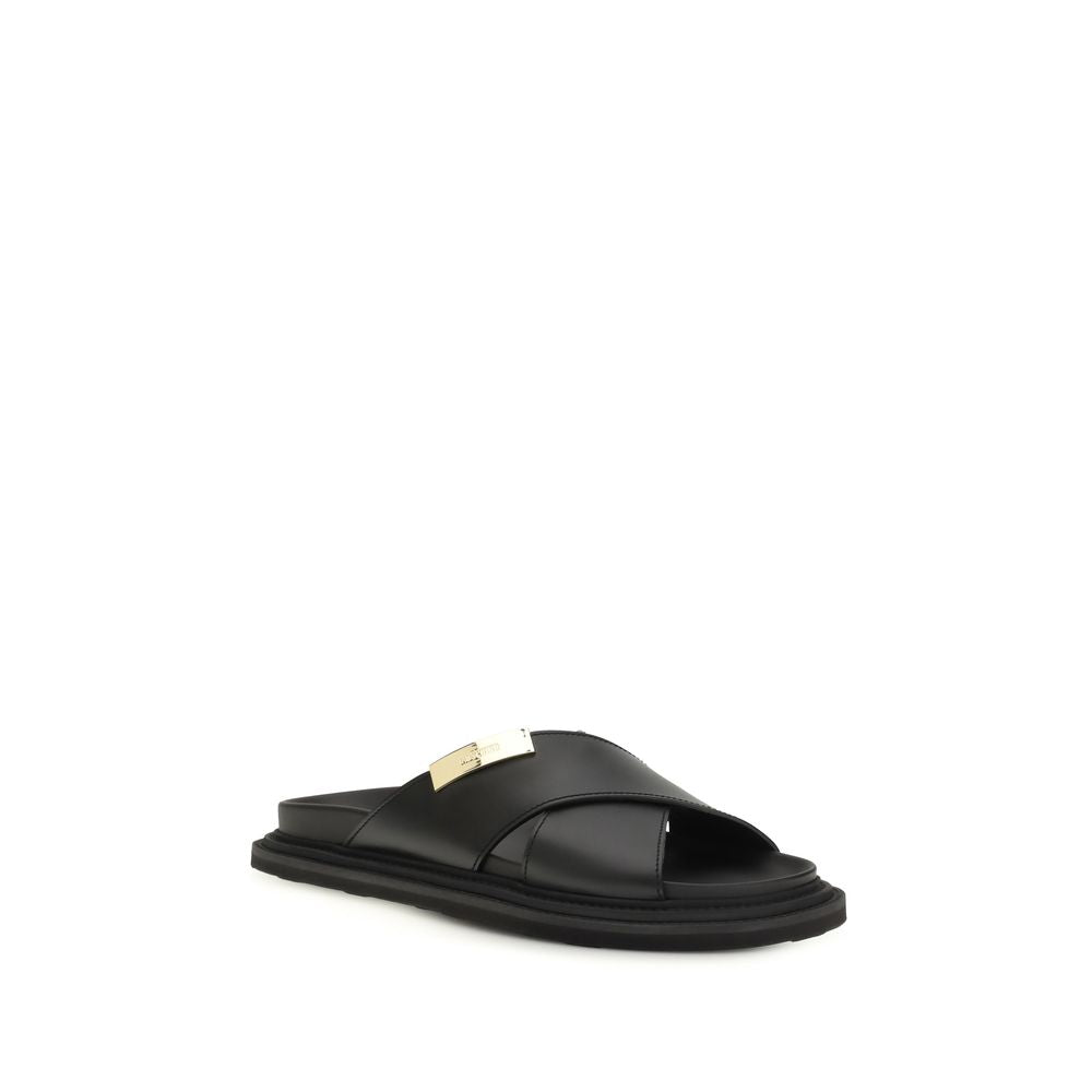 Moschino Black Calf Leather Bos Taurus Flat Sandals