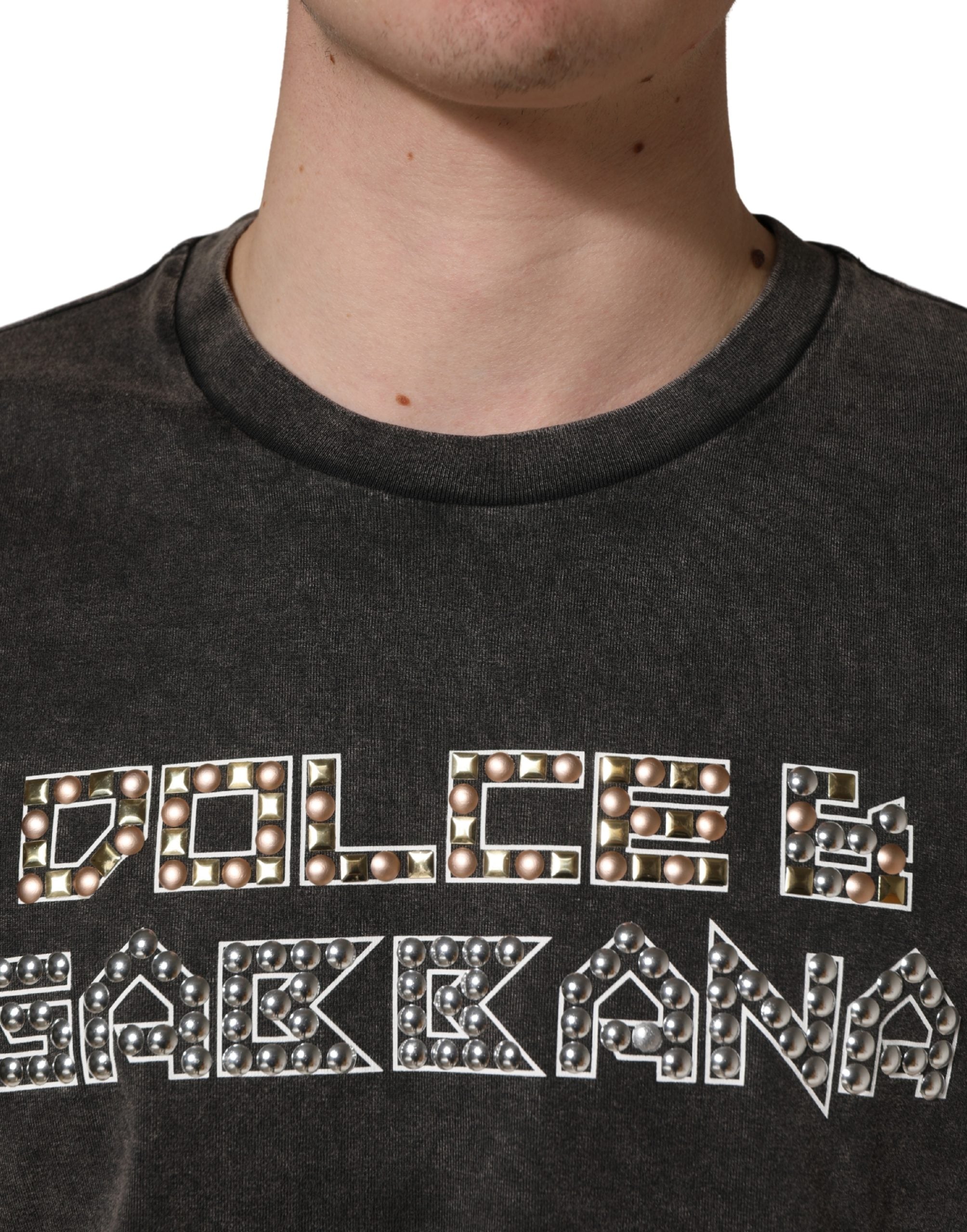 Dolce & Gabbana Gray Logo Embellished Men Crew Neck T-shirt