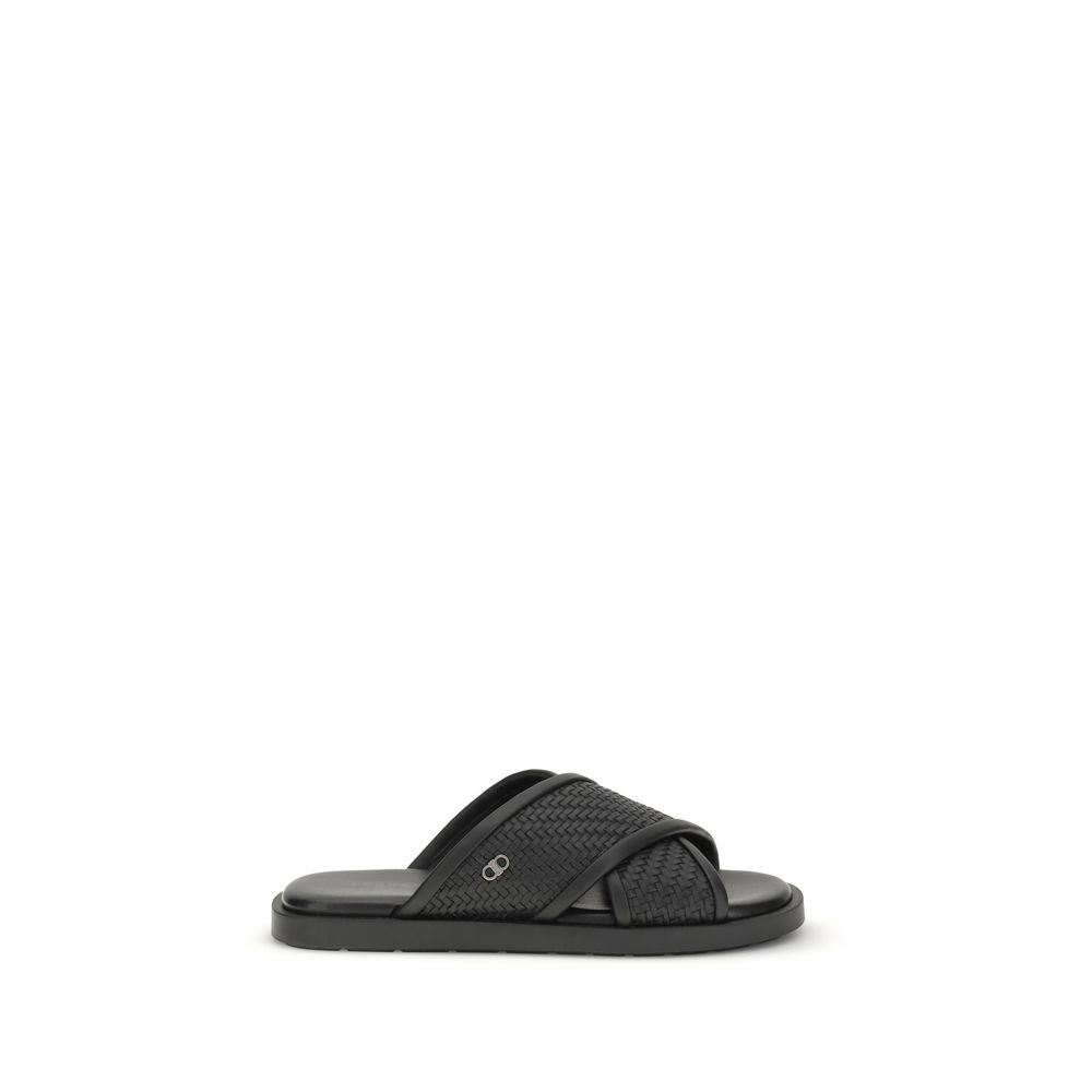 Ferragamo Black Calf Leather Bos Taurus Flat Sandals