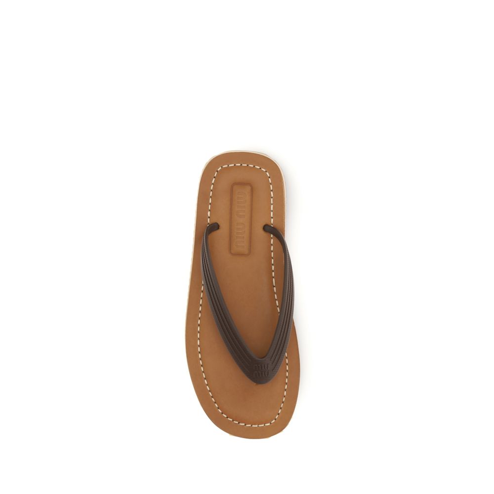 Miu Miu Brown Calf Leather Bos Taurus Flip-Flop Sandals