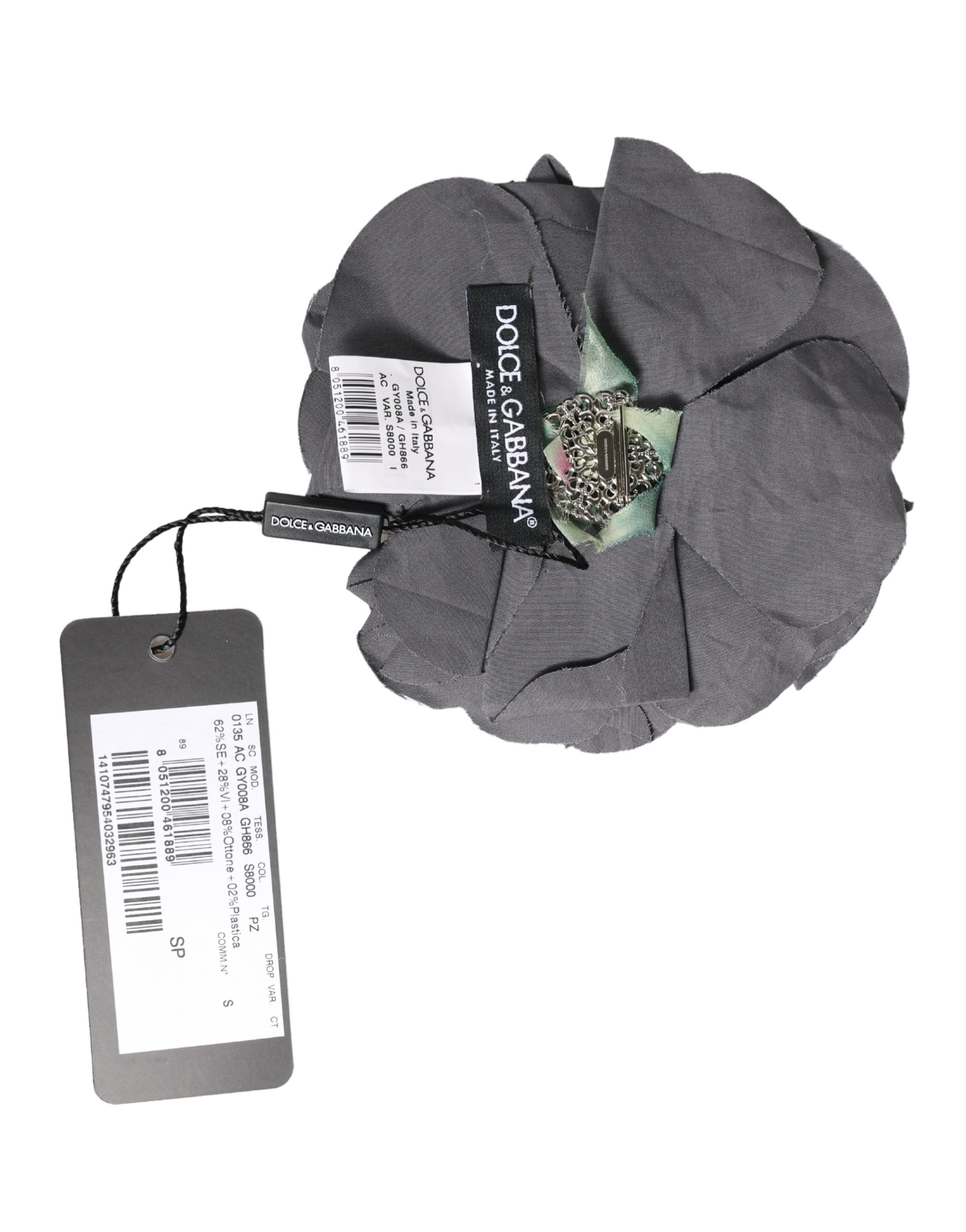 Dolce & Gabbana Gray Floral Motif Silk Blend Poplin Fabric Bar Pin  Brooch