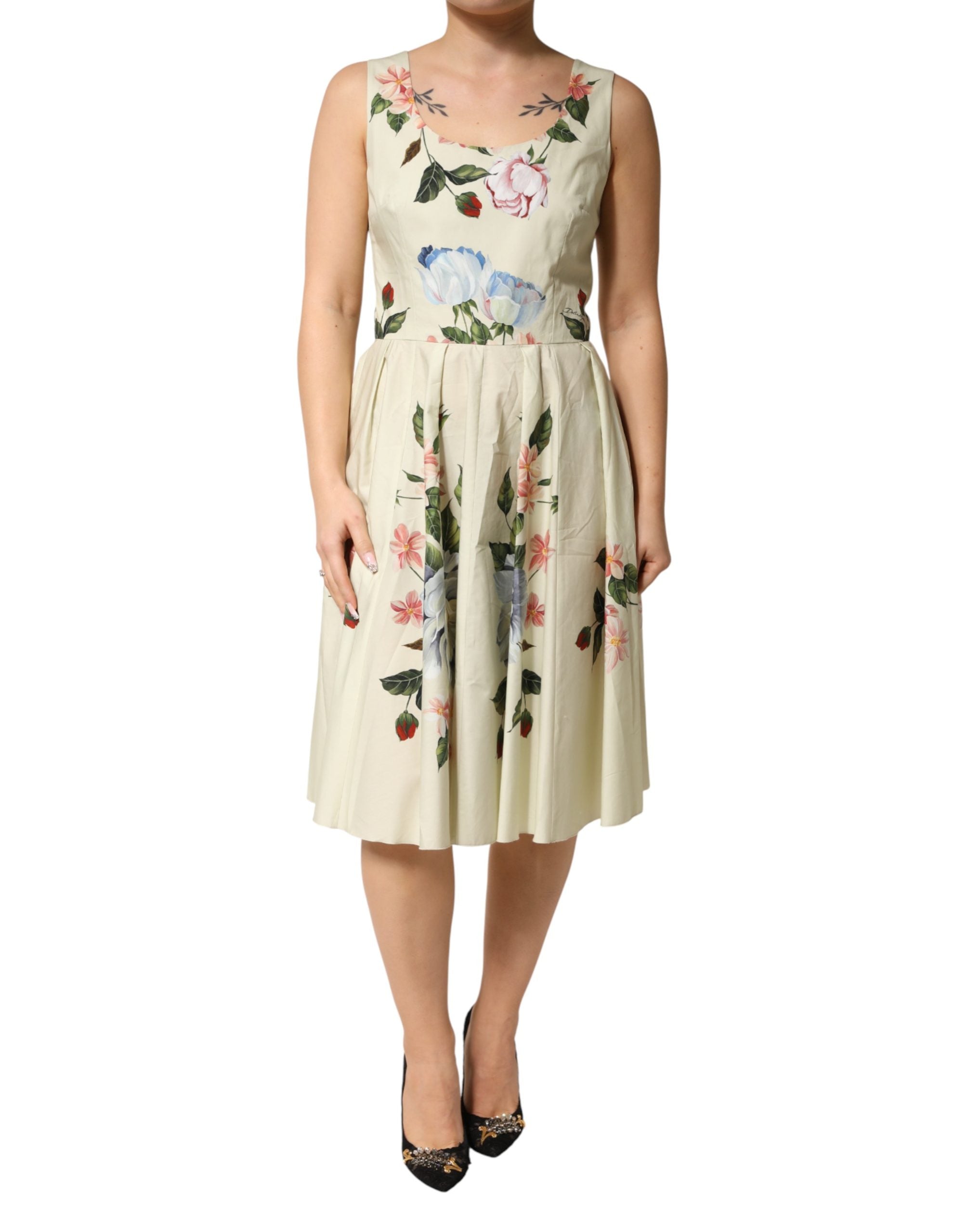 Dolce & Gabbana Beige Floral Sleeveless A-line Midi Dress