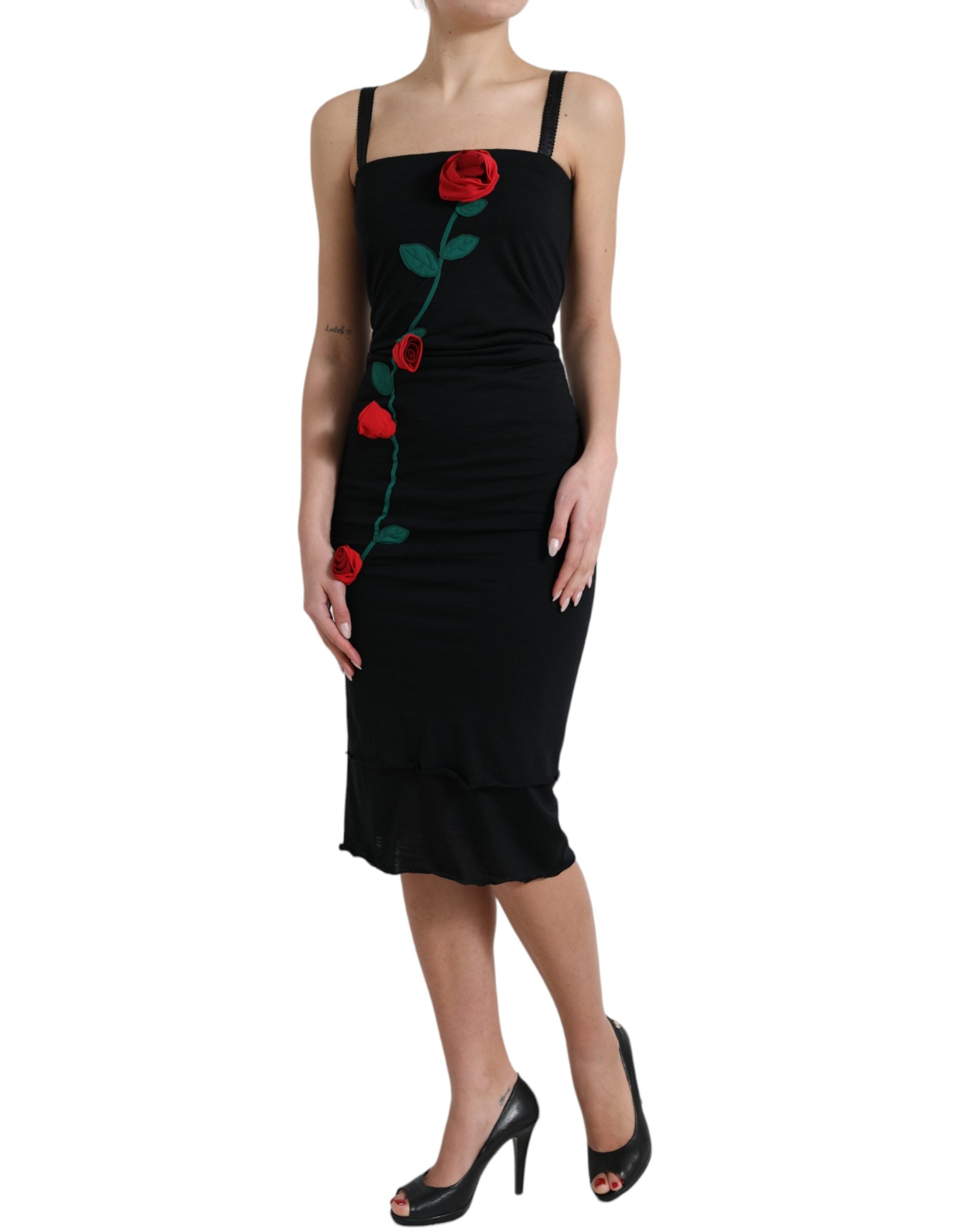 Dolce & Gabbana Black Wool Sleeveless Rose Applique Dress