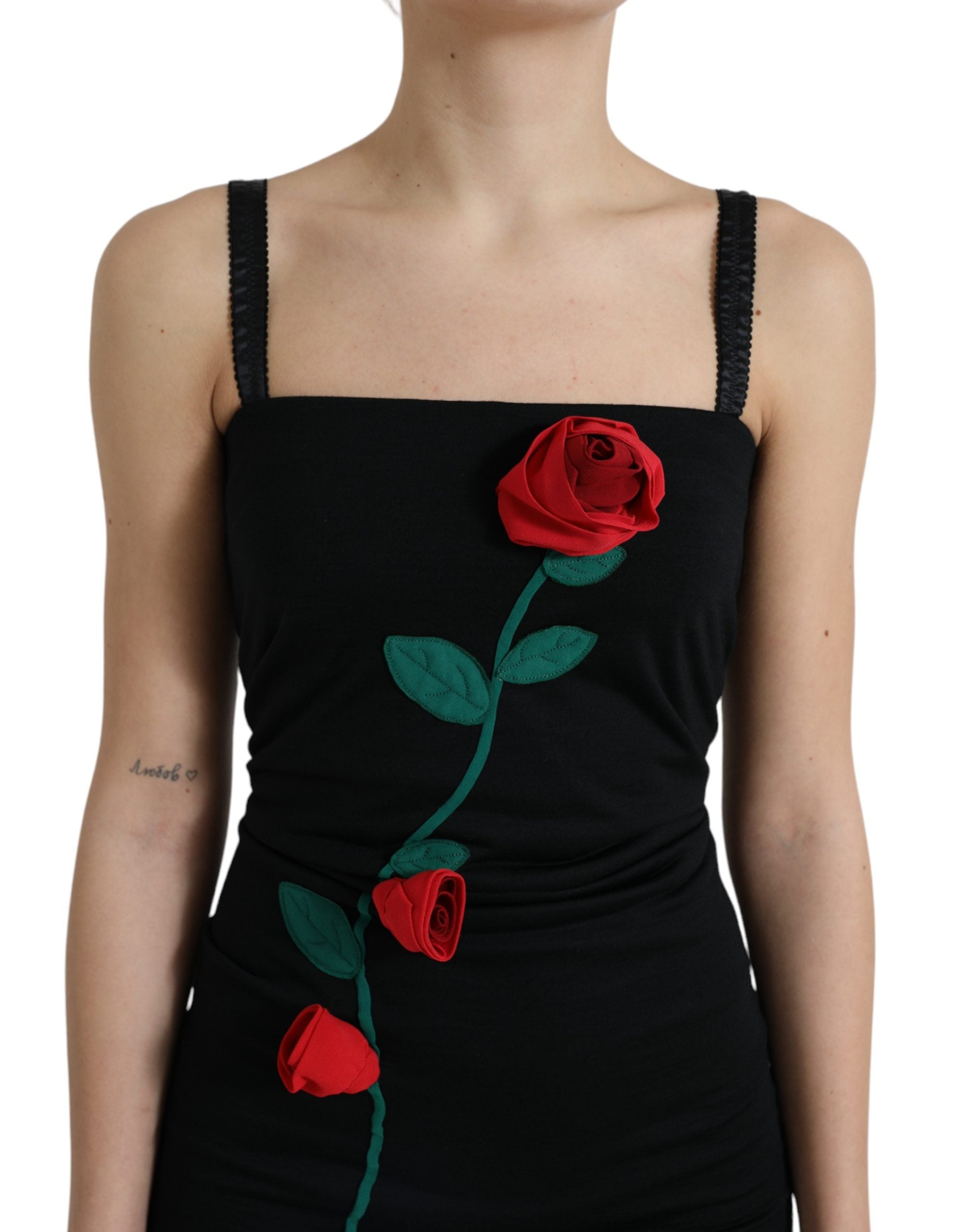 Dolce & Gabbana Black Wool Sleeveless Rose Applique Dress
