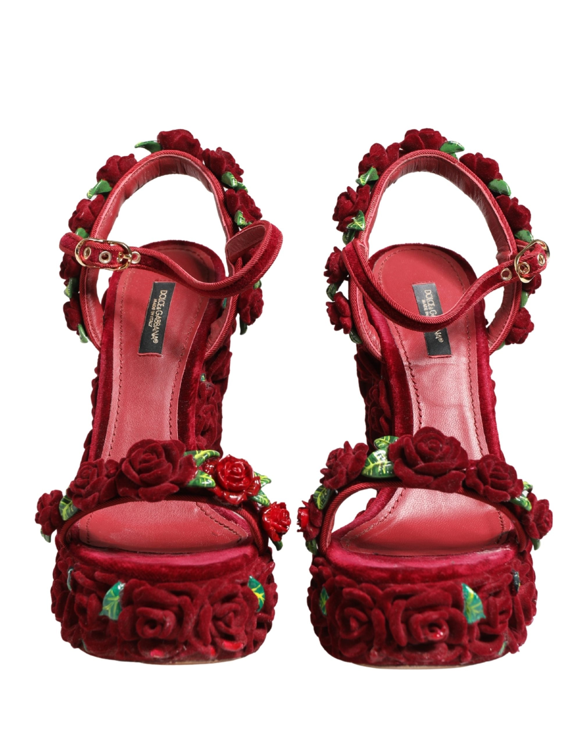 Dolce & Gabbana Red Rose Embellished Platform Sandals Shoes