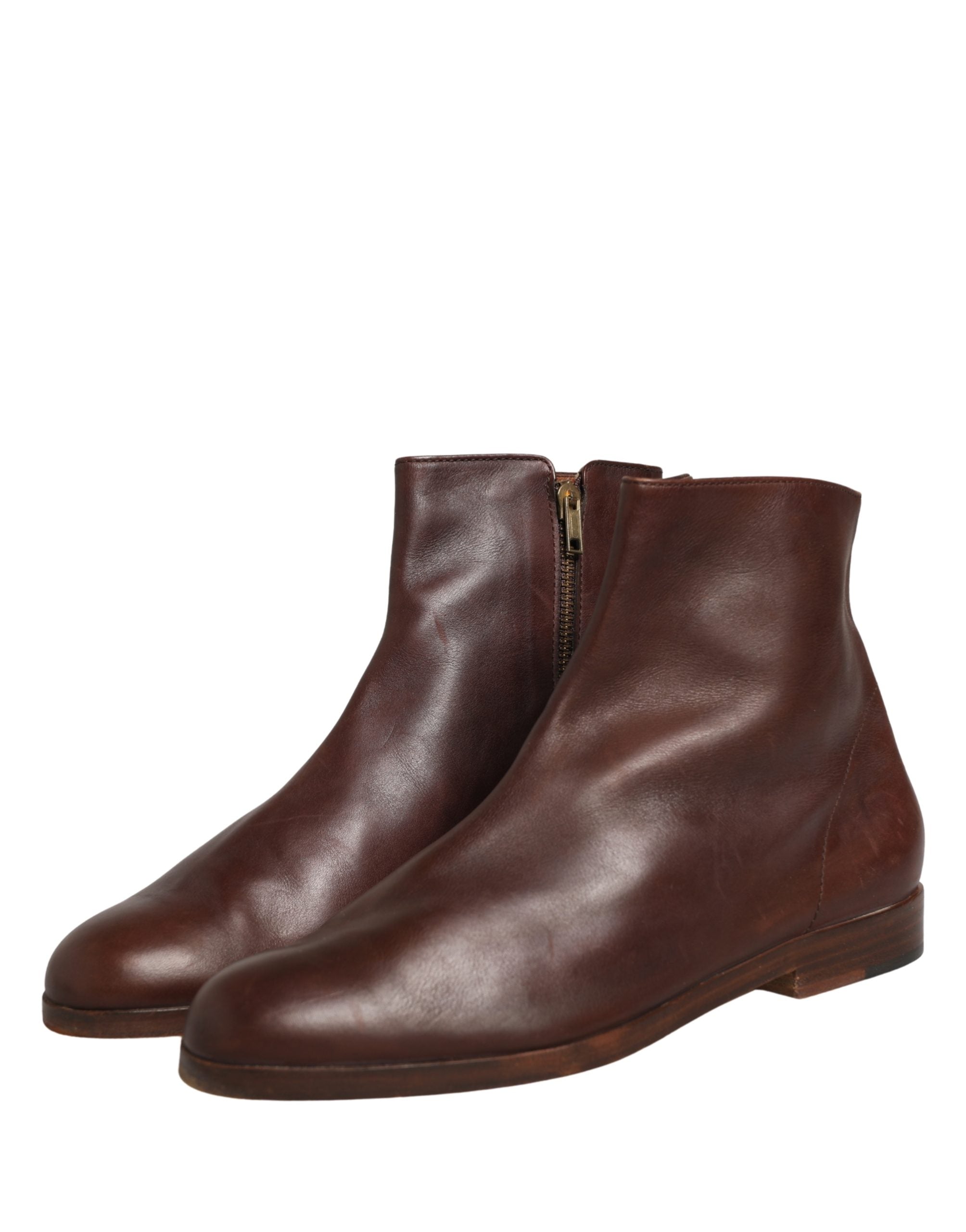 Dolce & Gabbana Brown Leather Flats Biker Ankle Boots Shoes