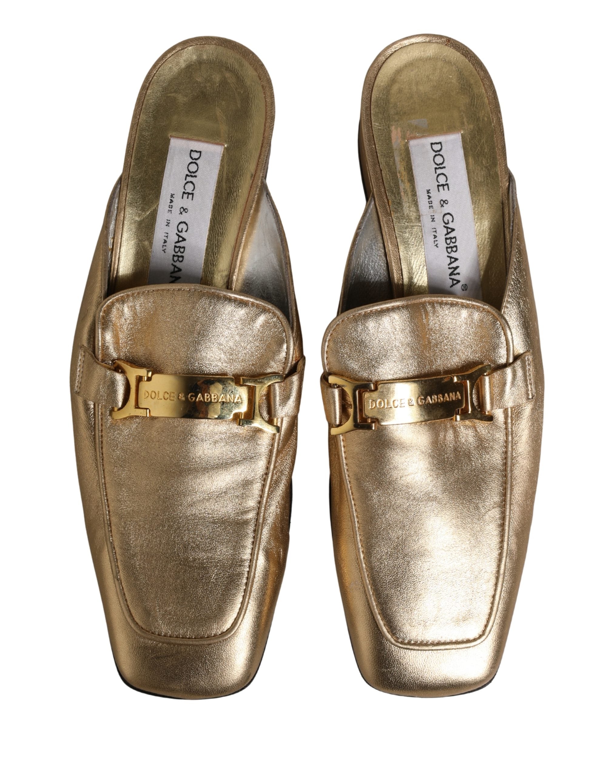 Dolce & Gabbana Gold Leather Flats Slides Mule Loafers Shoes