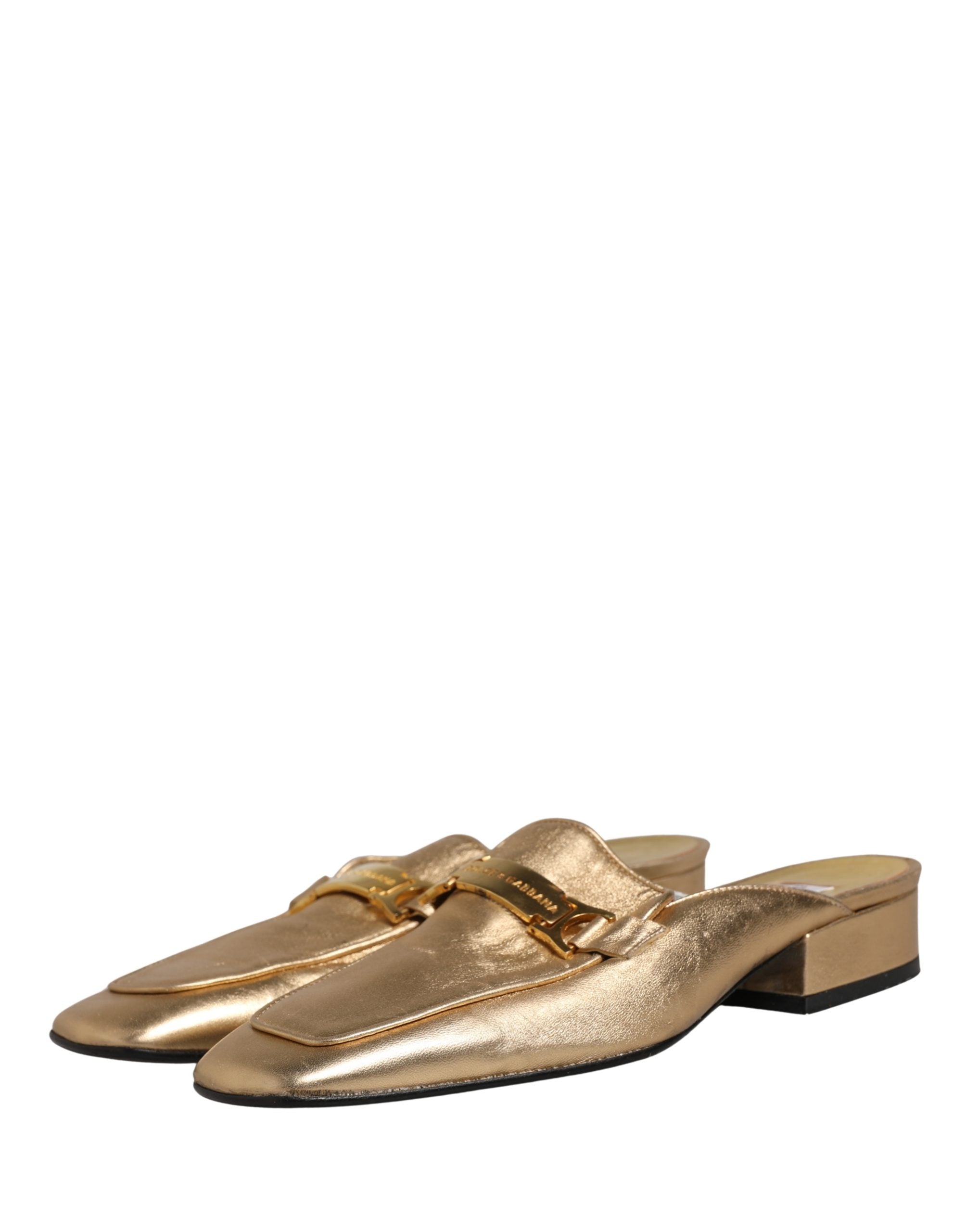 Dolce & Gabbana Gold Leather Flats Slides Mule Loafers Shoes