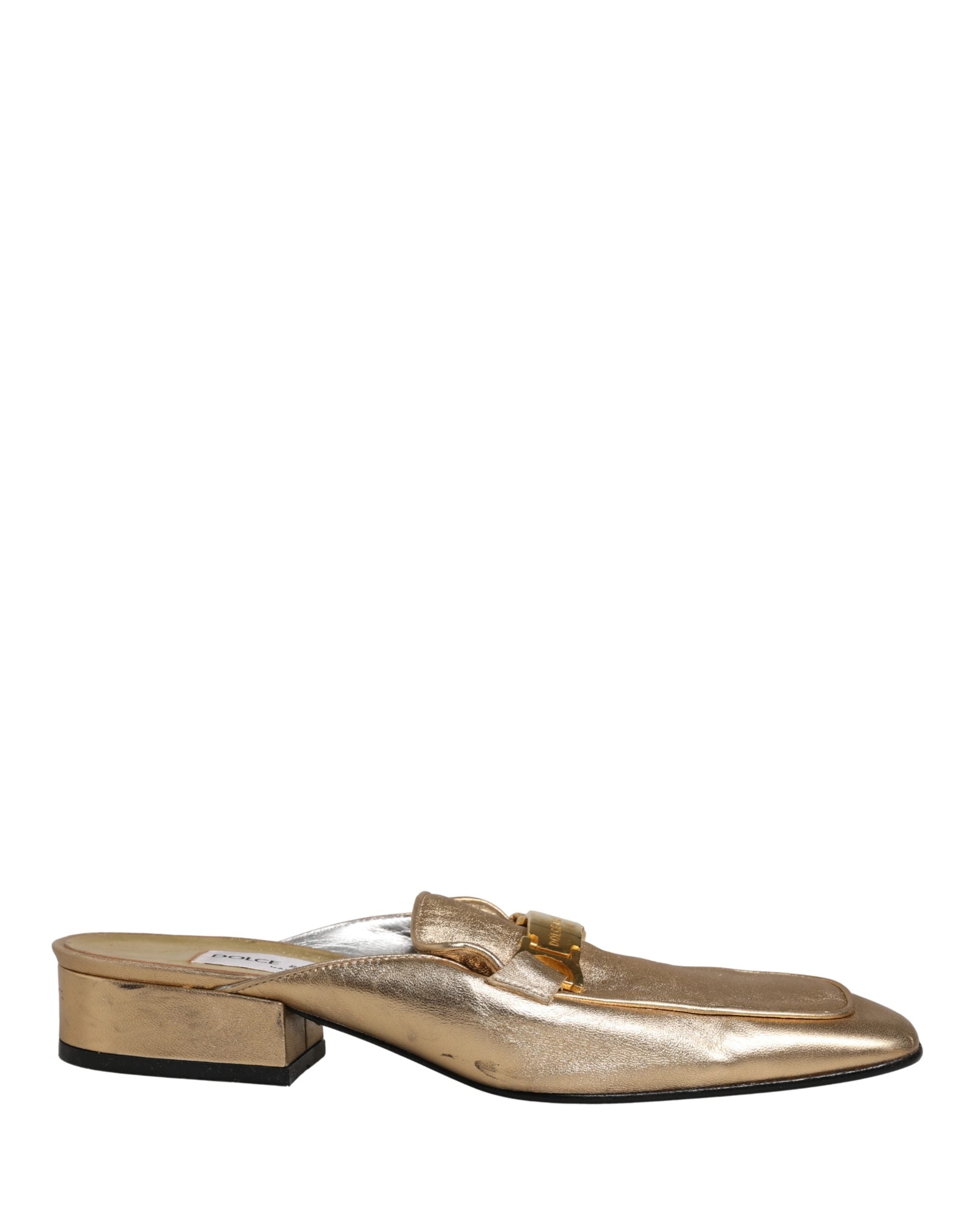 Dolce & Gabbana Gold Leather Flats Slides Mule Loafers Shoes