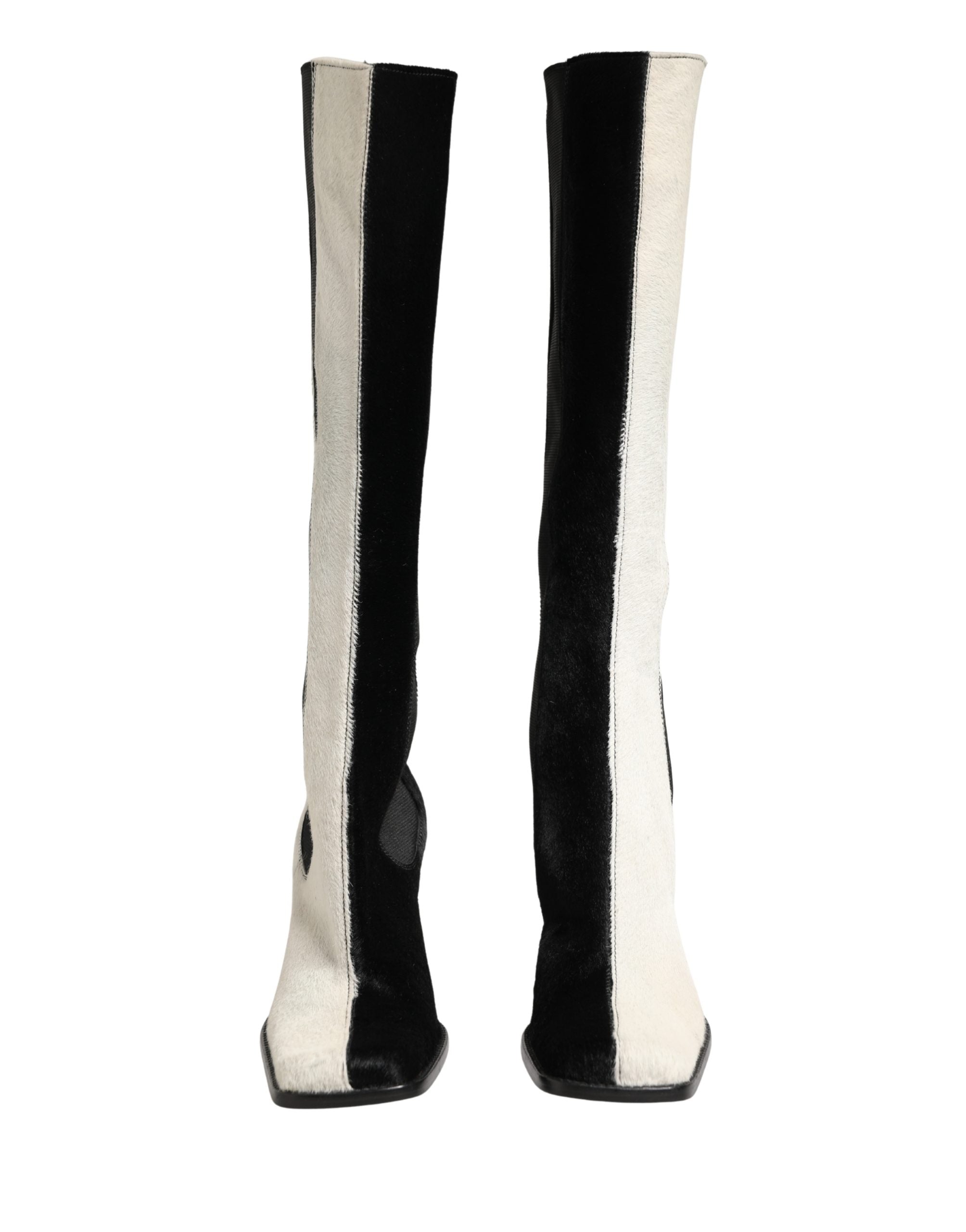 Dolce & Gabbana White Black Leather Knee High Boots Shoes