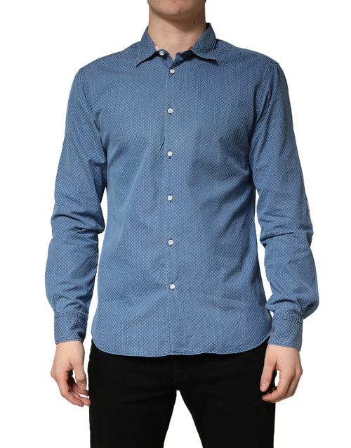 Chemise décontractée ajustée en coton bleu à manches longues et col, AGLINI