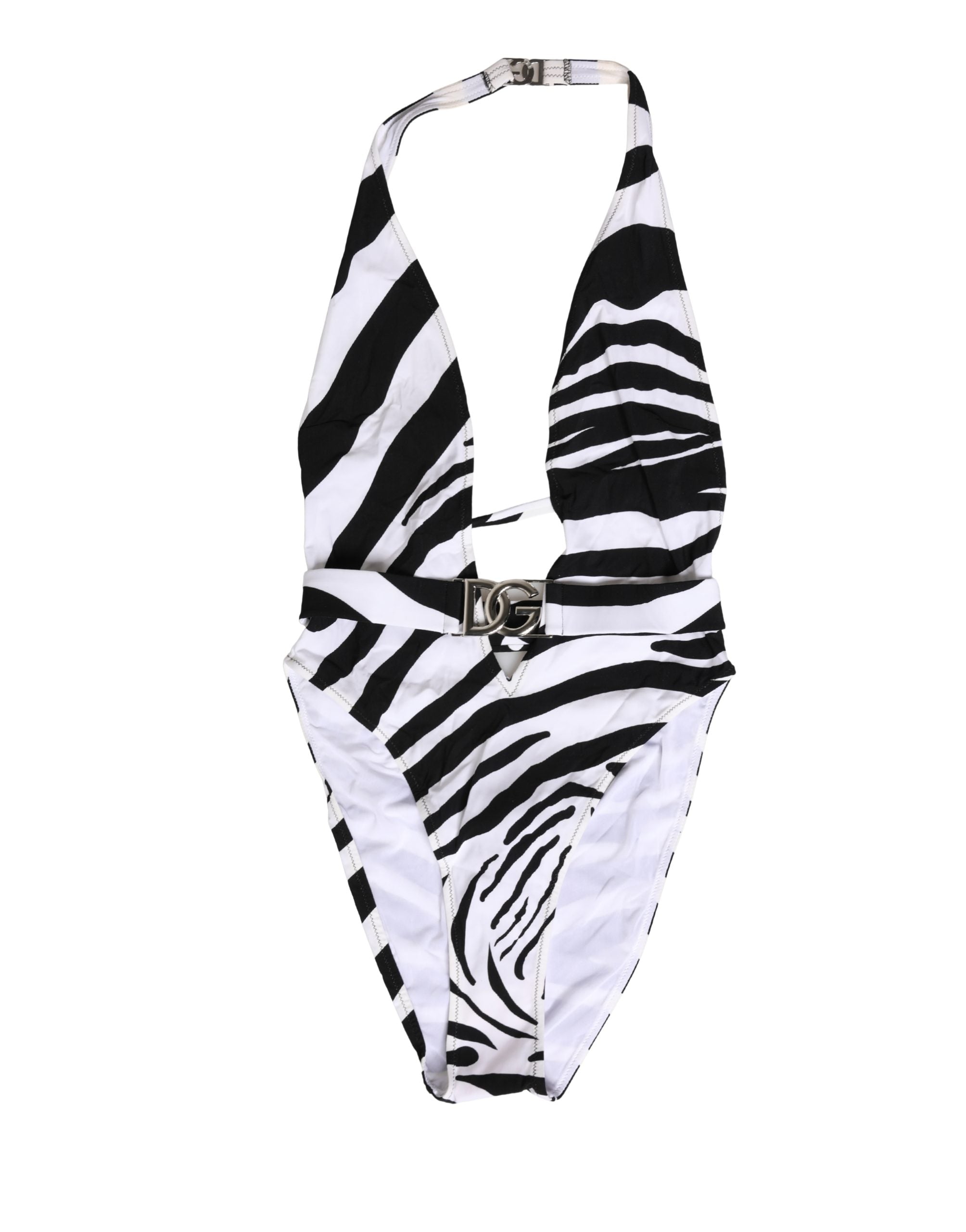 Traje de baño de una pieza con escote en V pronunciado de cebra en blanco y negro de Dolce & Gabbana