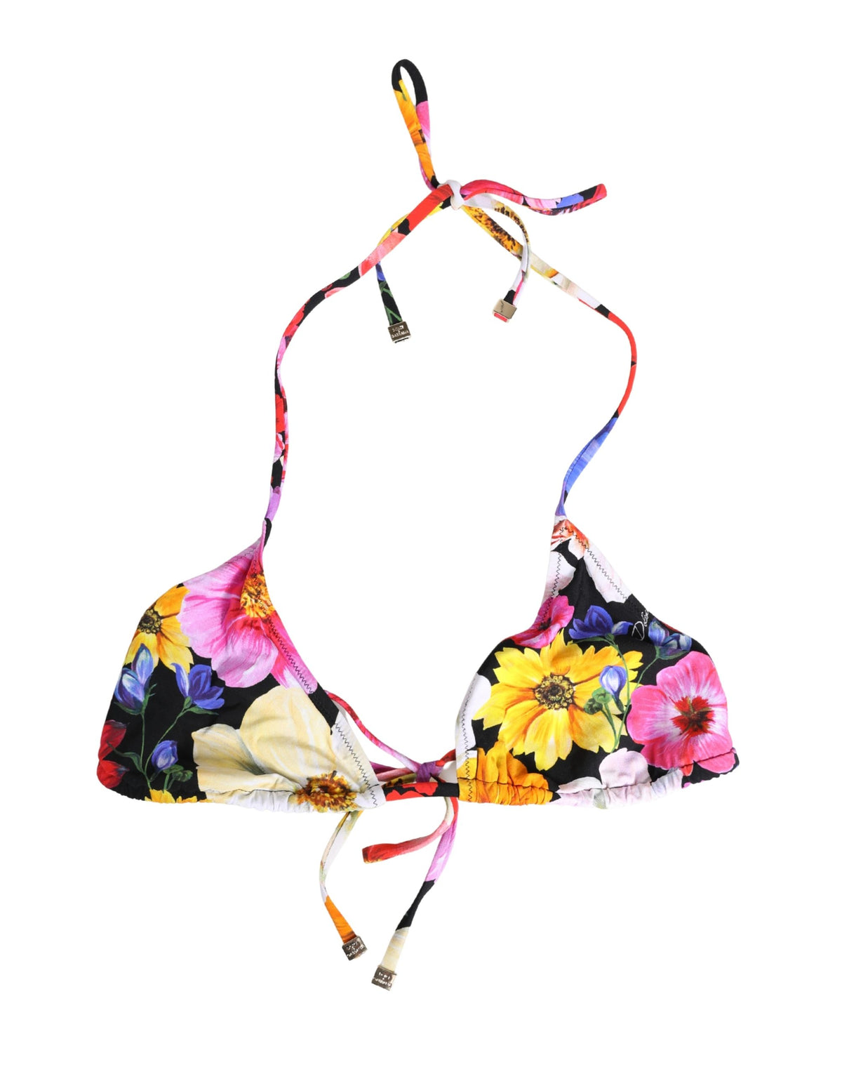 Haut de bikini Dolce & Gabbana en nylon imprimé floral noir, modèle à dos nu