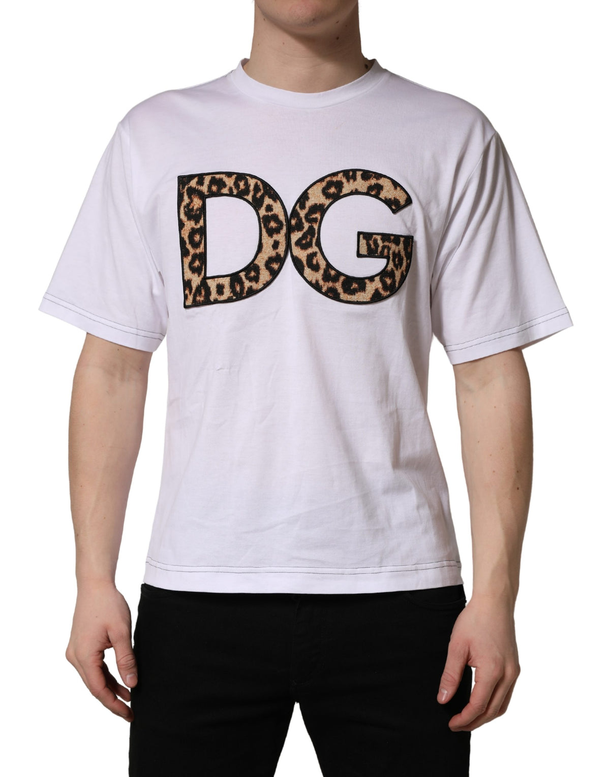 Camiseta de algodón para hombre Dolce & Gabbana blanca con estampado de leopardo y logo DG
