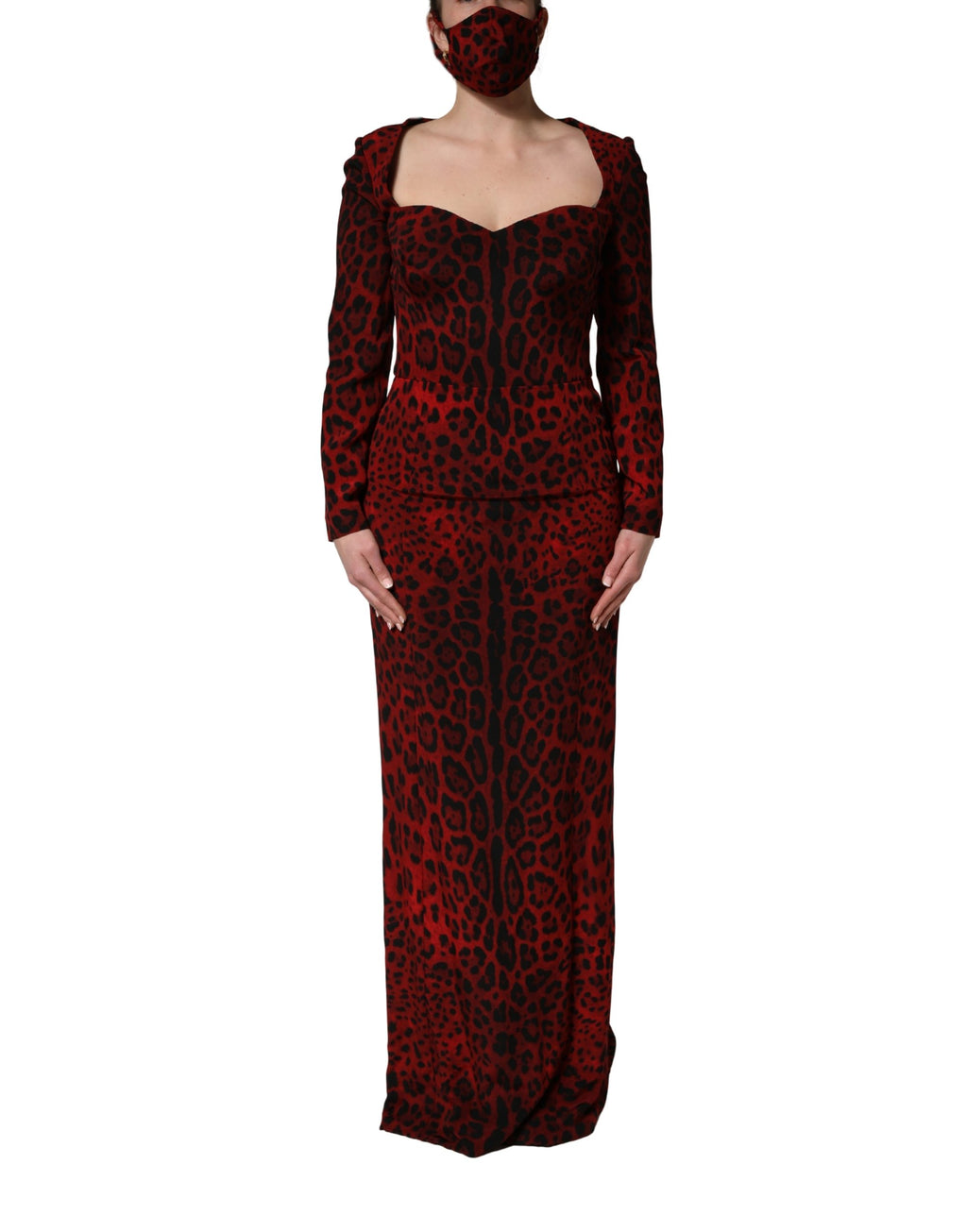Robe fourreau à manches longues imprimé léopard rouge Dolce & Gabbana