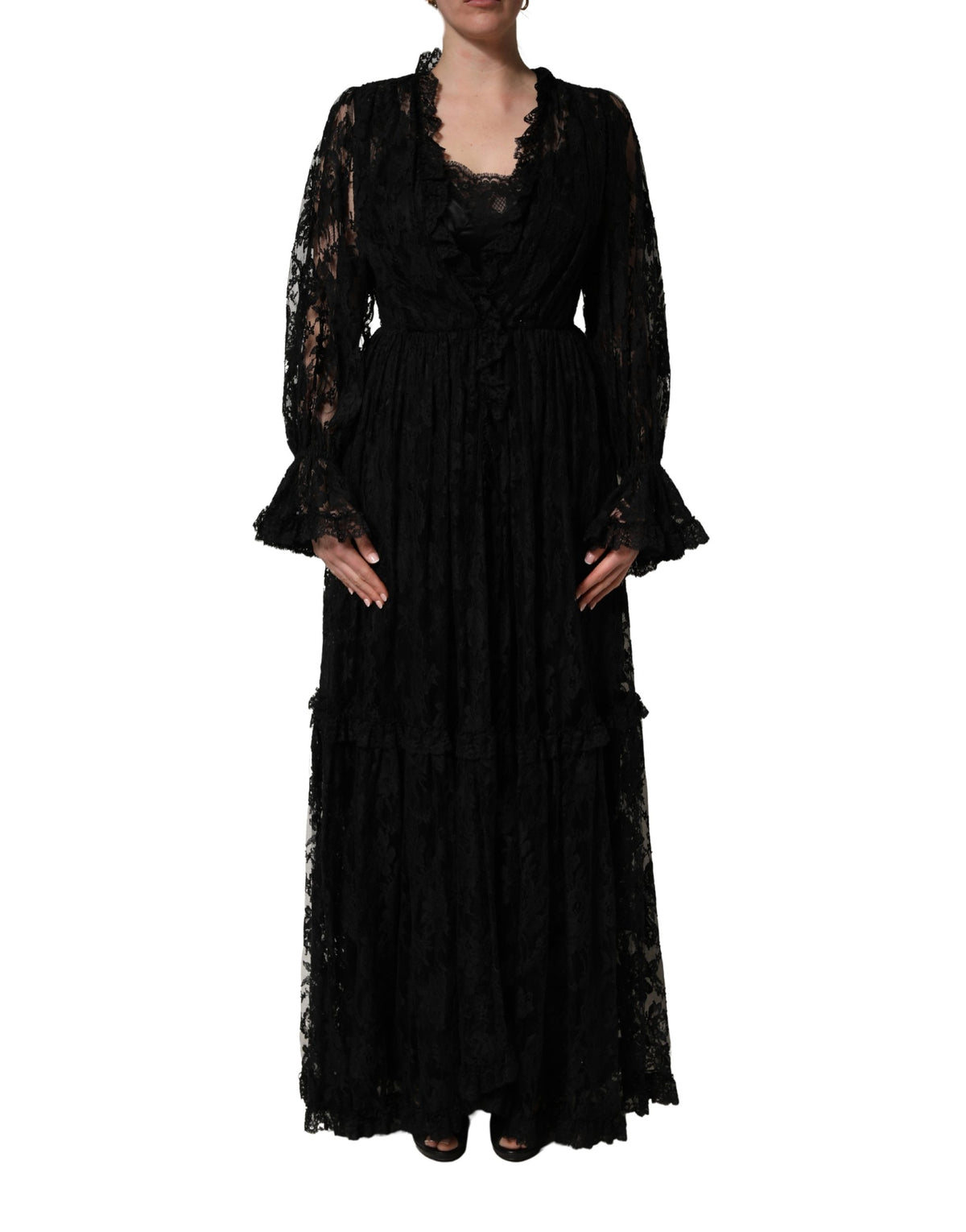 Robe de soirée longue trapèze en dentelle noire Dolce & Gabbana