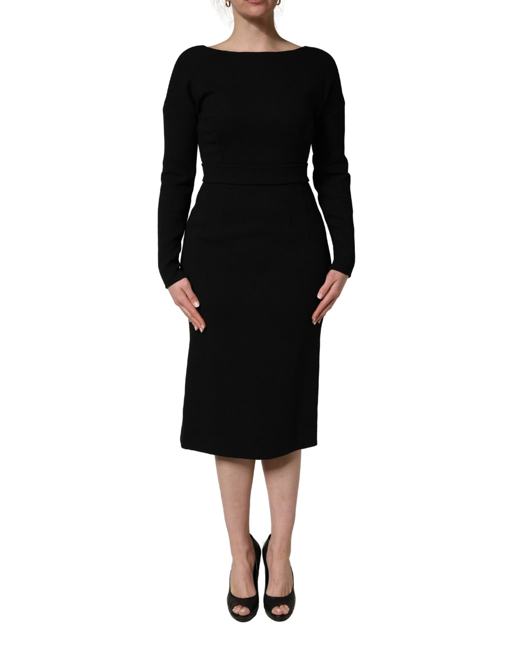 Vestido midi Dolce & Gabbana de crepé de lana negra con manga larga