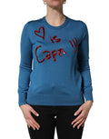 Dolce & Gabbana Blue Silk Sequined CrewNeck Pullover Sweater
