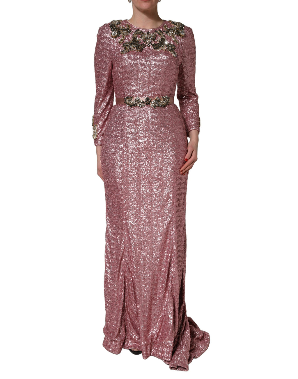 Vestido de noche largo con lentejuelas y adornos rosa de Dolce & Gabbana