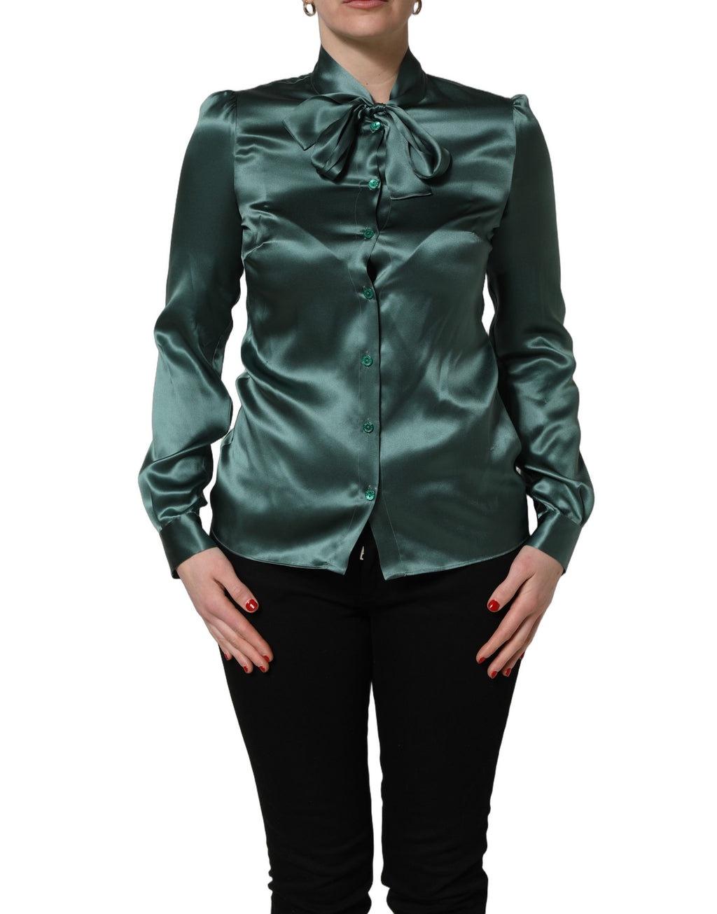 Blusa de satén de seda verde oscuro Dolce & Gabbana con lazo en el cuello