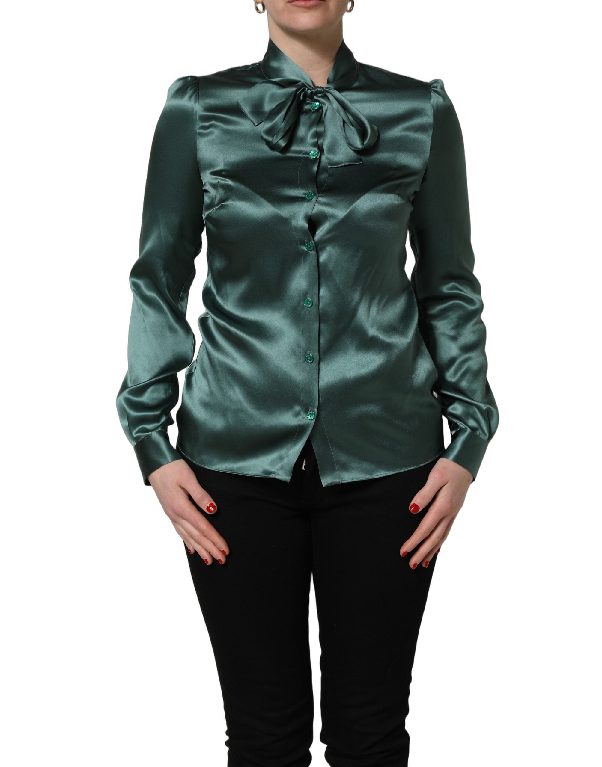 Blusa de satén de seda verde oscuro Dolce & Gabbana con lazo en el cuello