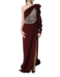 Dolce & Gabbana Maroon Crystal One Shoulder EveningGown Dress