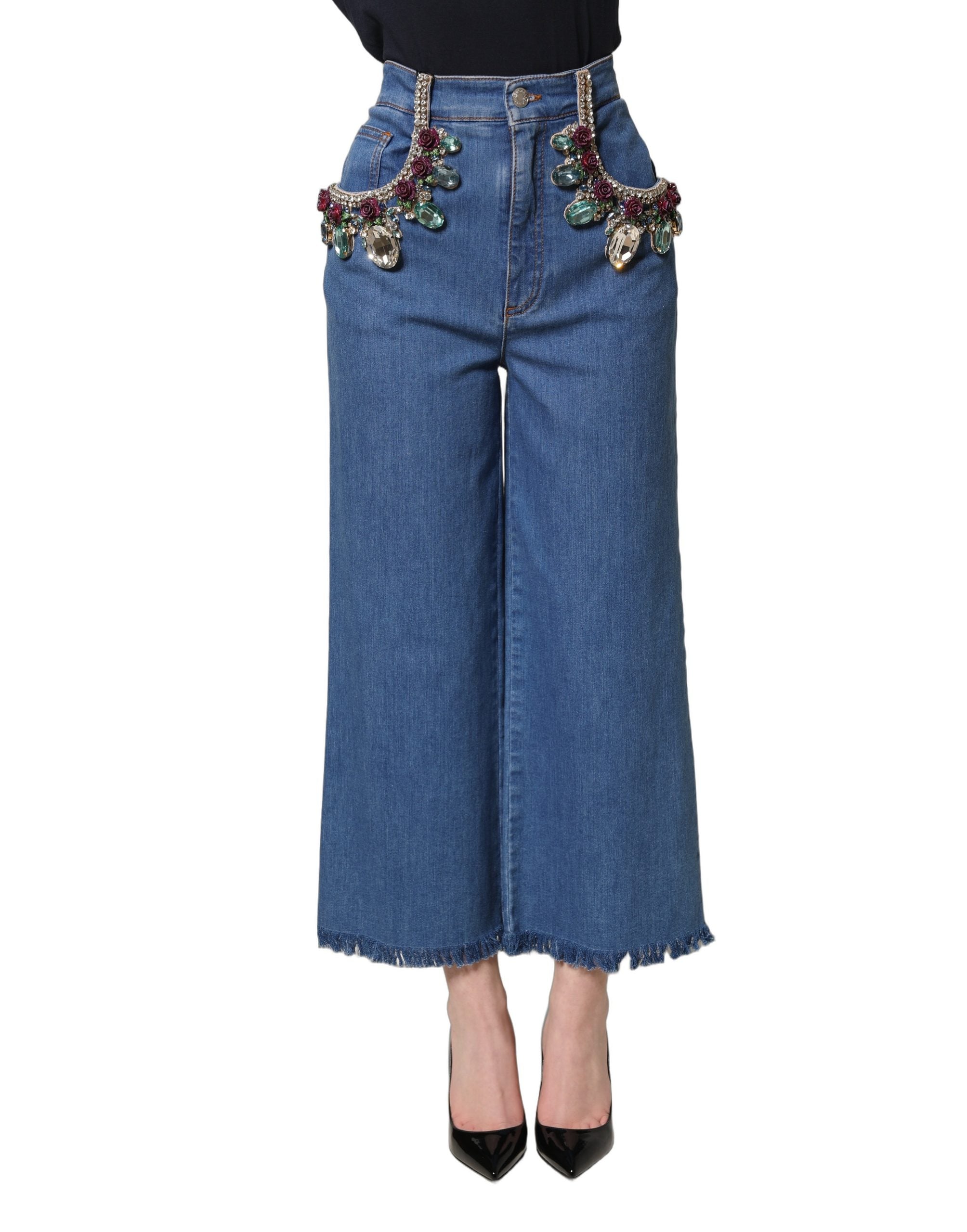 Vaqueros anchos cropped azules embellecidos de Dolce & Gabbana