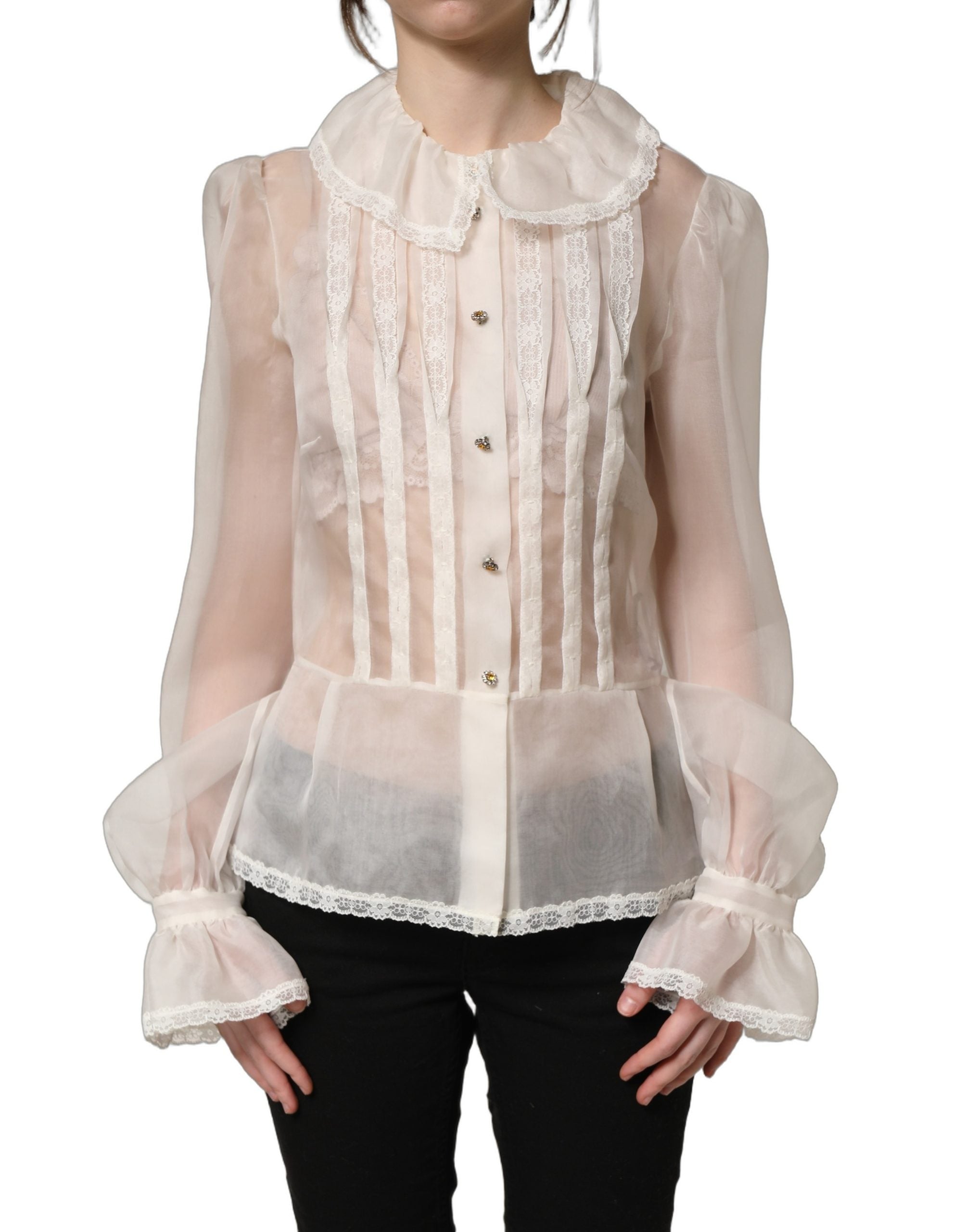 Top blusa blanca de seda transparente con volantes y botones Dolce & Gabbana