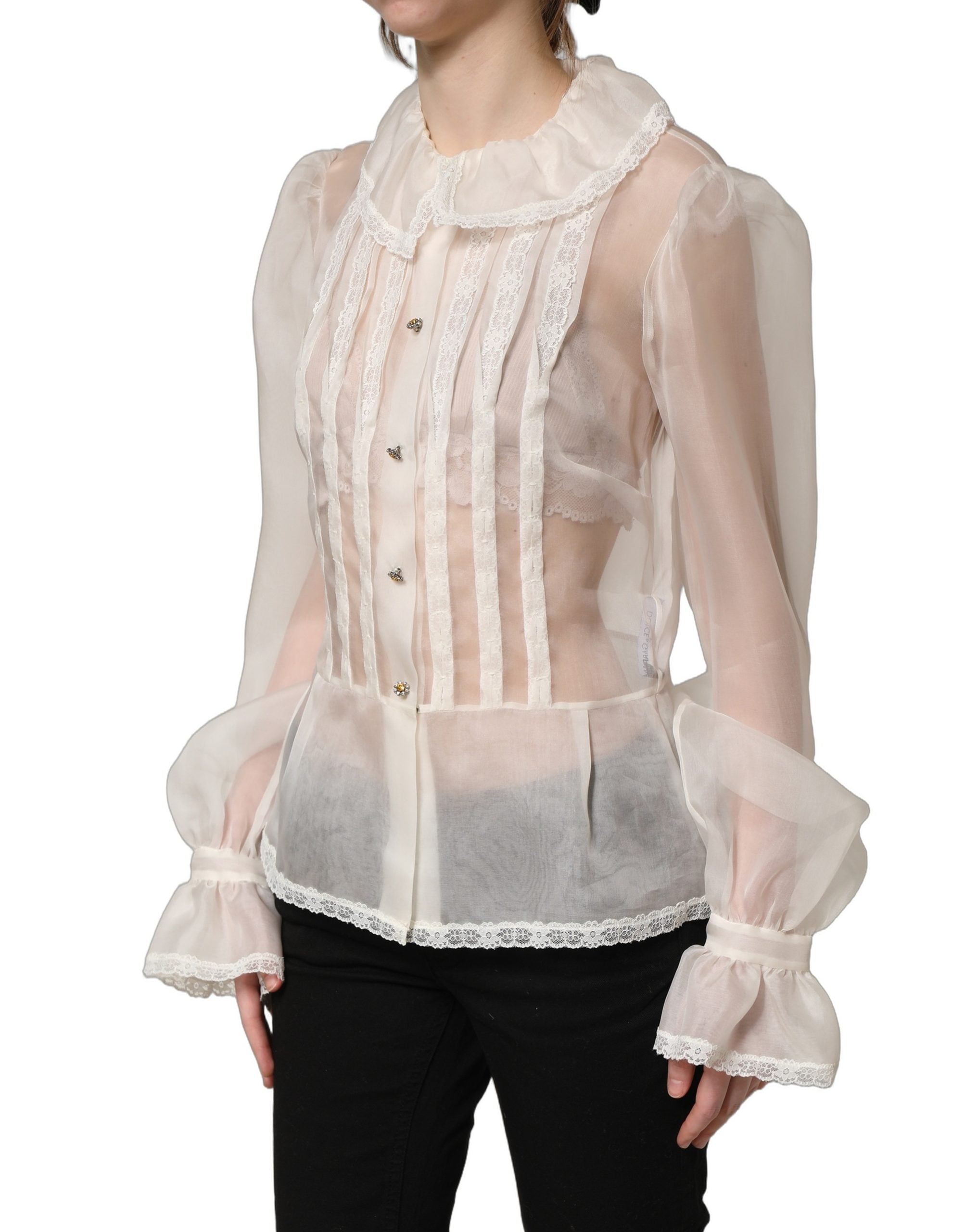 Top blusa blanca de seda transparente con volantes y botones Dolce & Gabbana