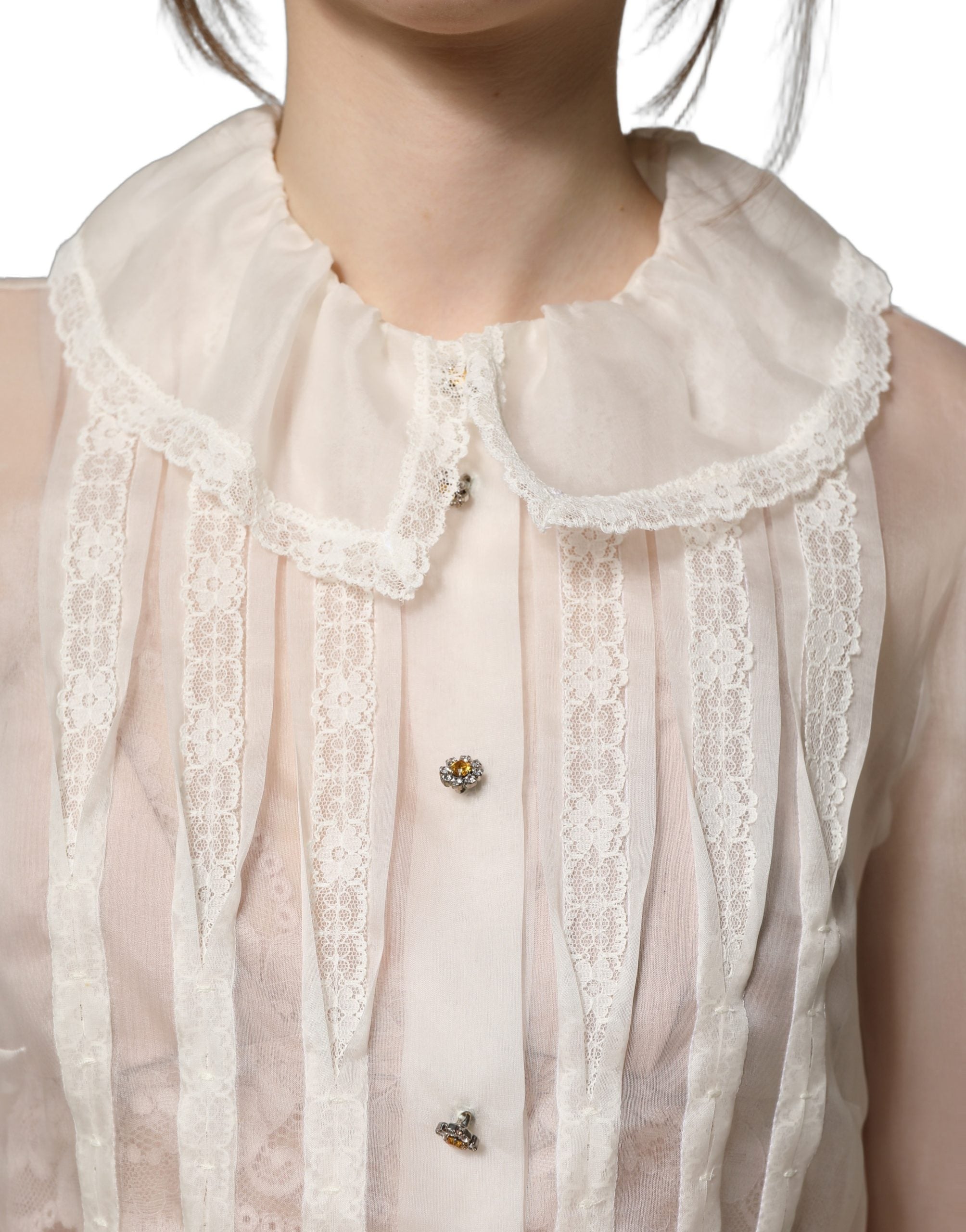 Top blusa blanca de seda transparente con volantes y botones Dolce & Gabbana
