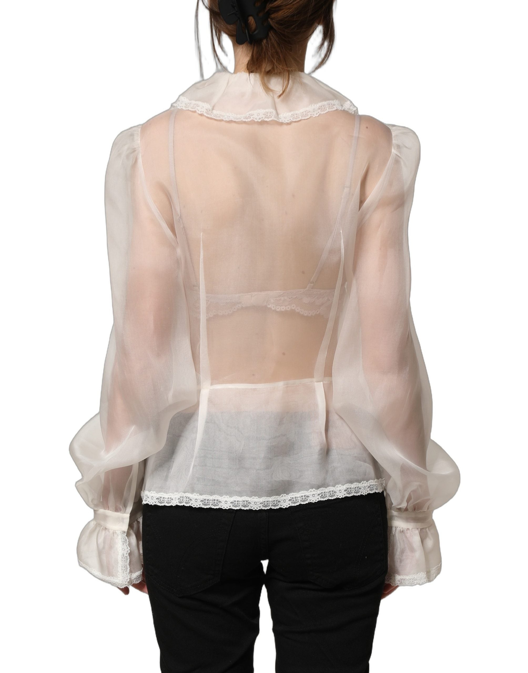 Top blusa blanca de seda transparente con volantes y botones Dolce & Gabbana