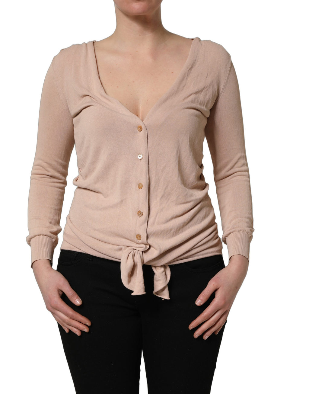 Cárdigan beige de punto acanalado con cuello en V y lazo delantero de Dolce & Gabbana