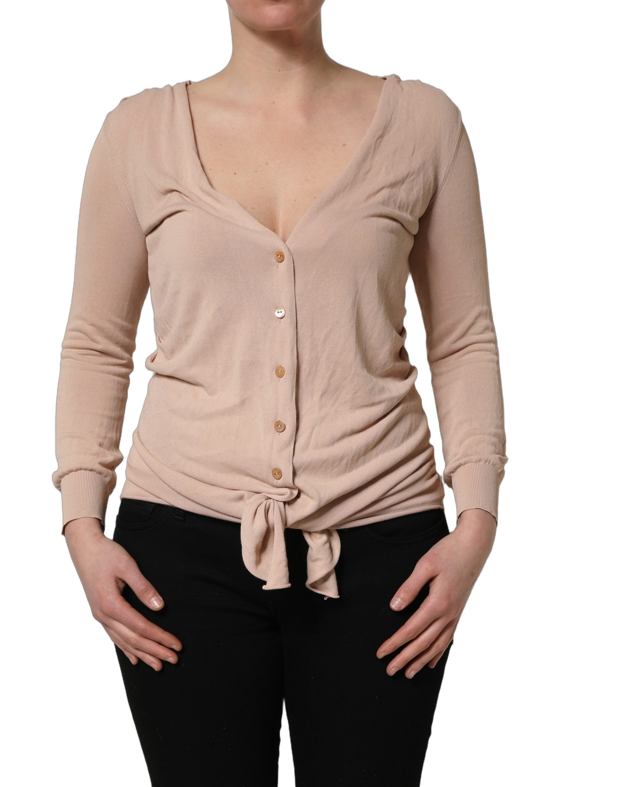 Cárdigan beige de punto acanalado con cuello en V y lazo delantero de Dolce & Gabbana