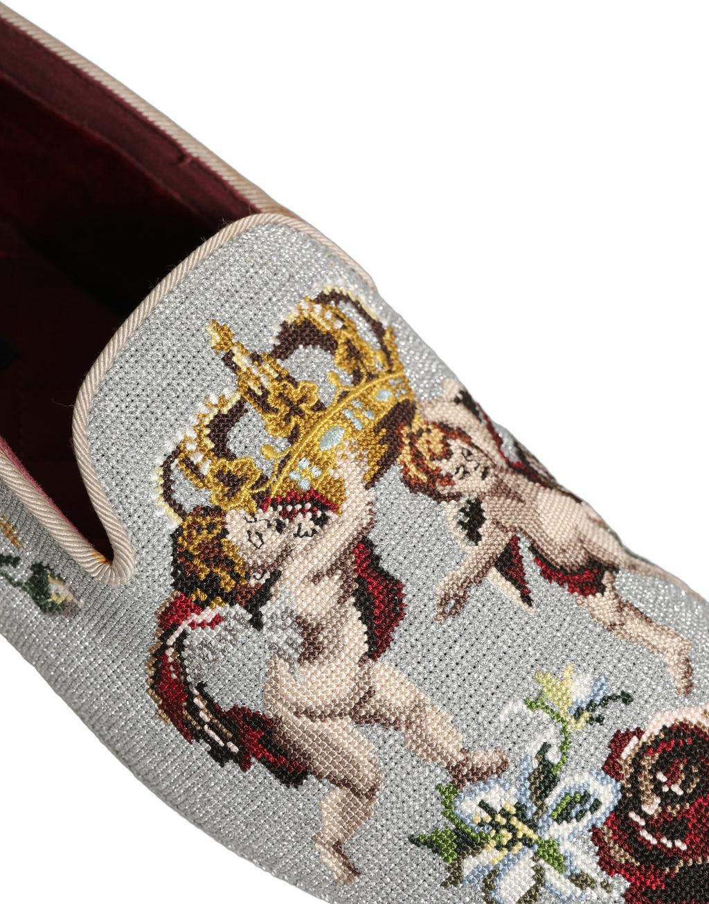 Zapatos mocasín Dolce & Gabbana grises con bordado de corona, rosa y ángel