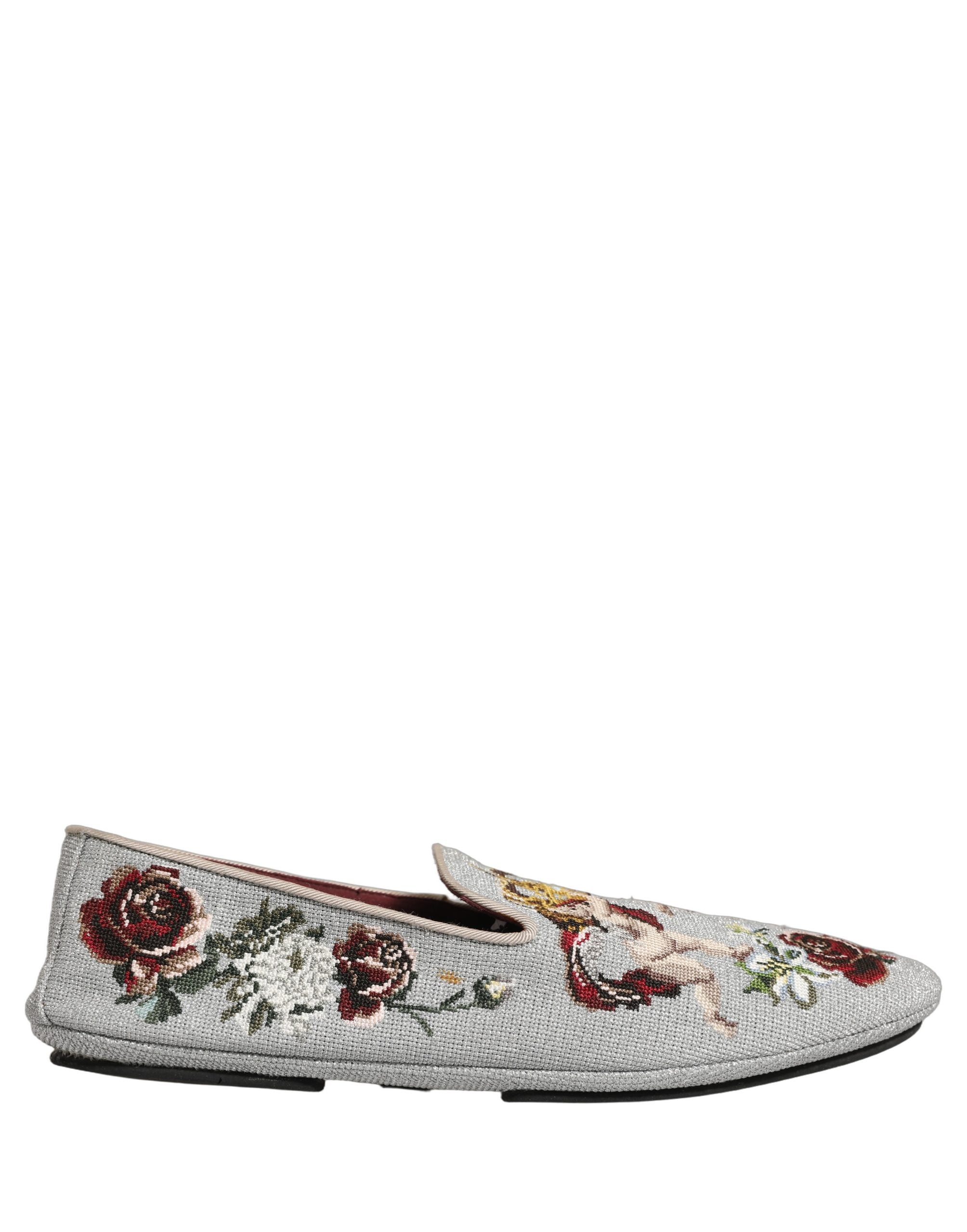 Zapatos mocasín Dolce & Gabbana grises con bordado de corona, rosa y ángel