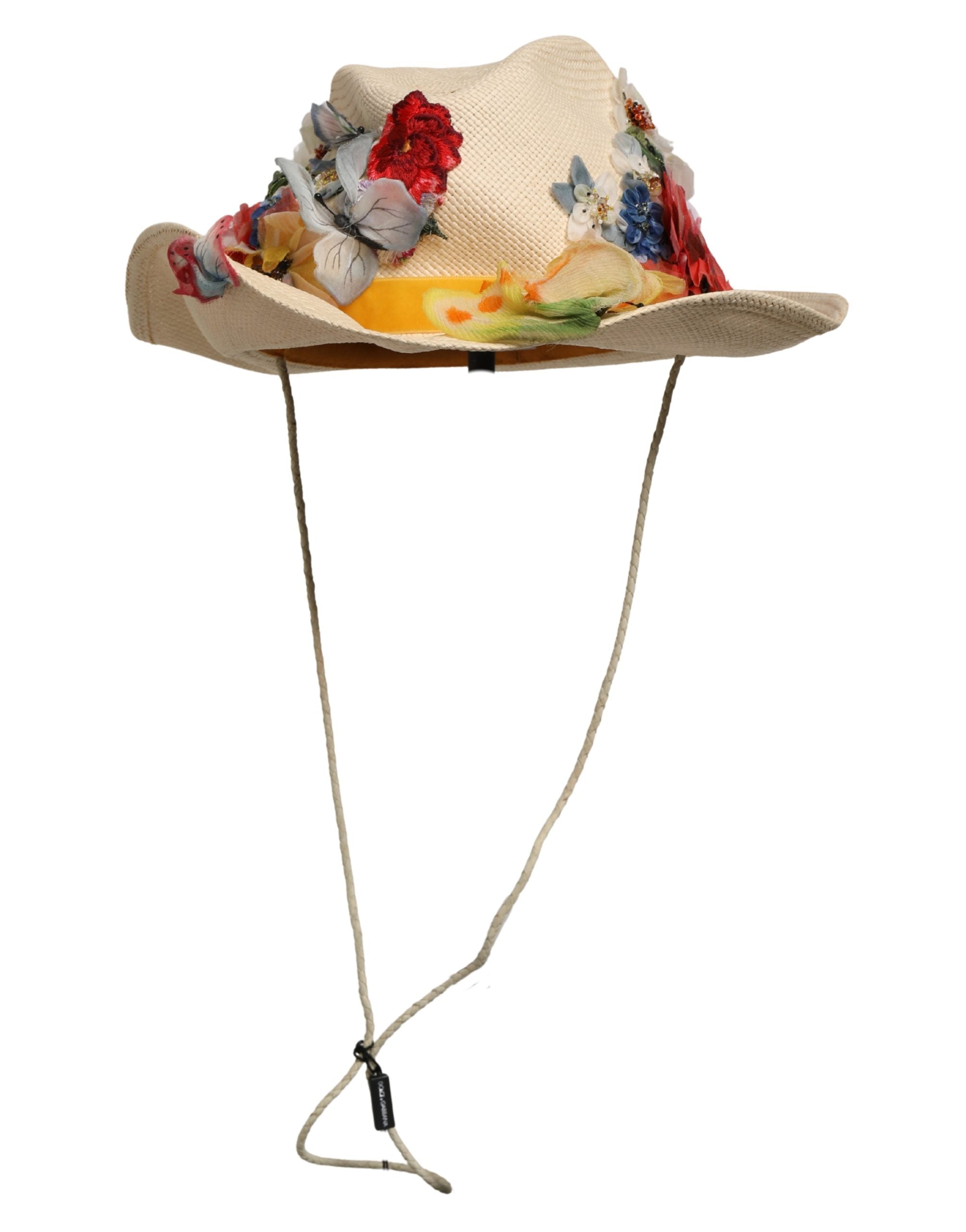 Sombrero de cubo de paja con apliques florales beige para mujer de Dolce & Gabbana