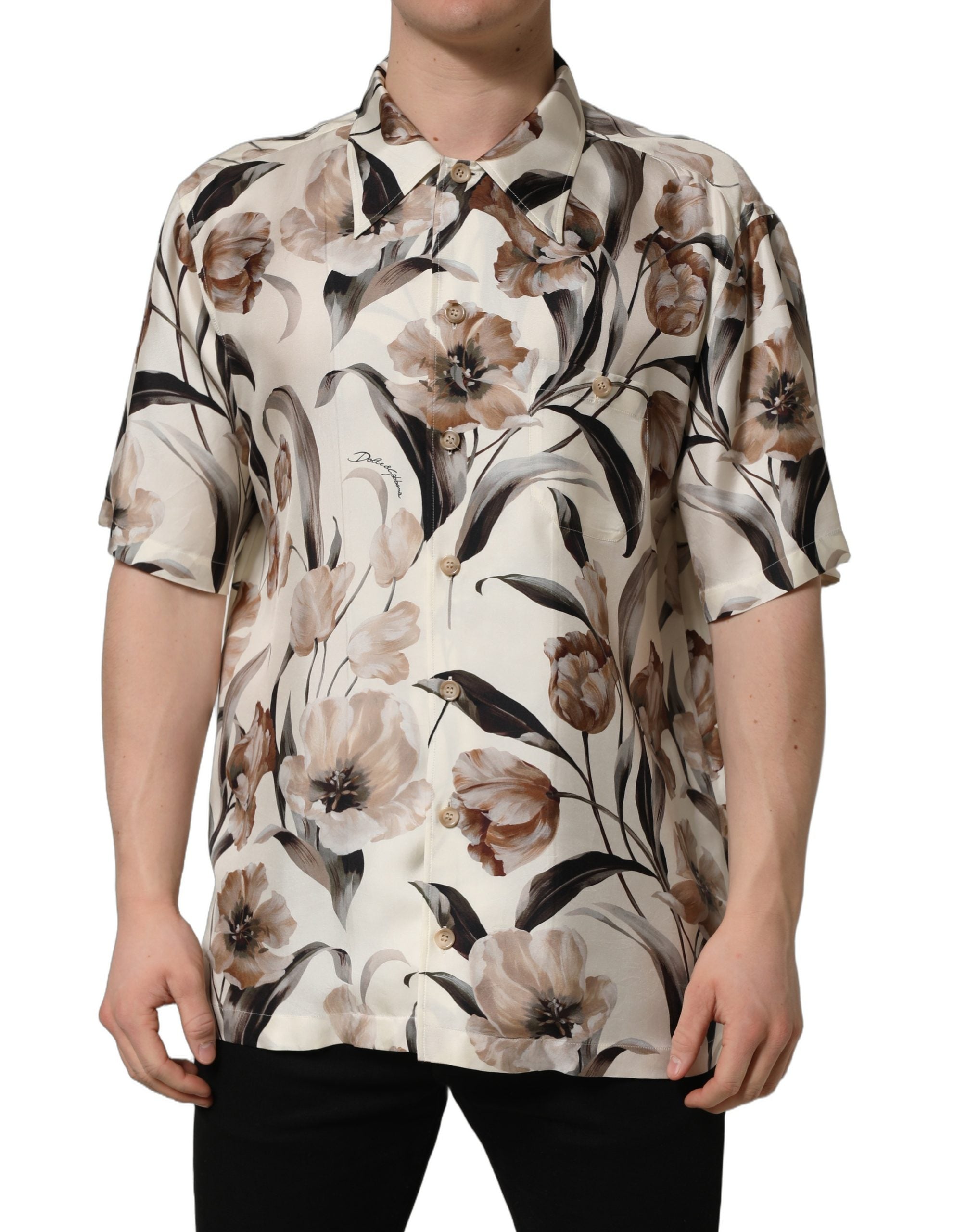Camisa de manga corta de seda con estampado de tulipanes en beige de Dolce & Gabbana