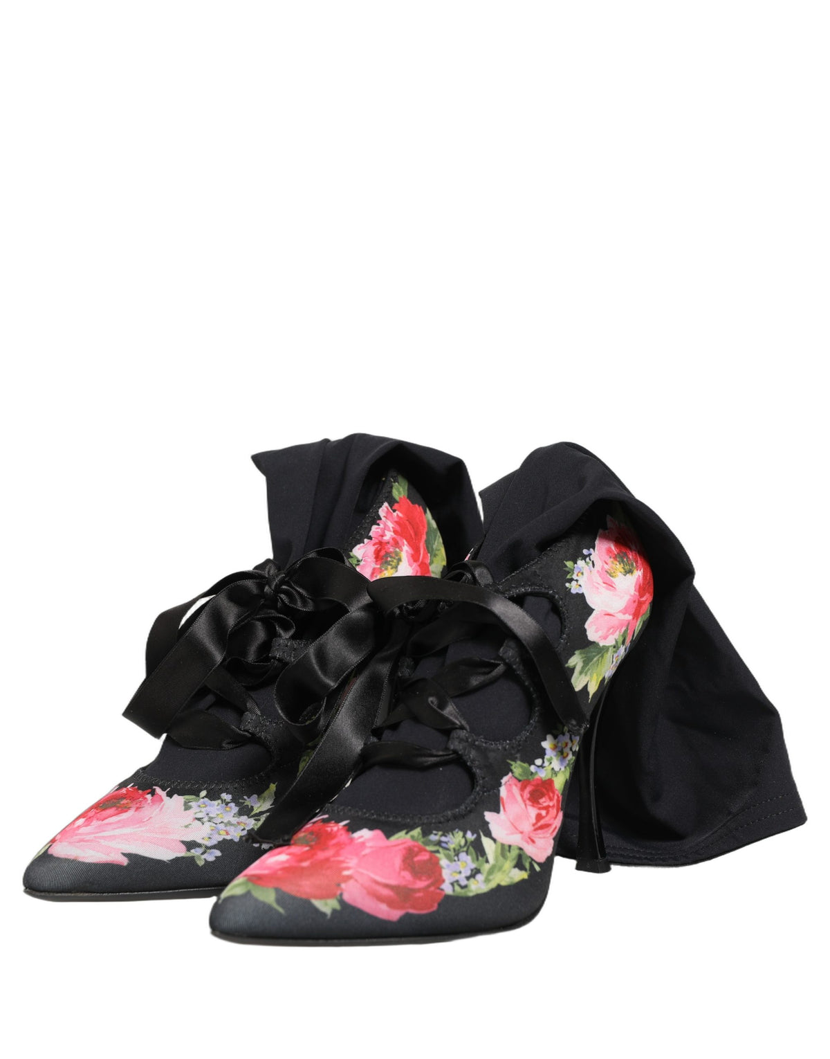 Dolce & Gabbana Black Floral Stiletto Mid Calf Boots Shoes