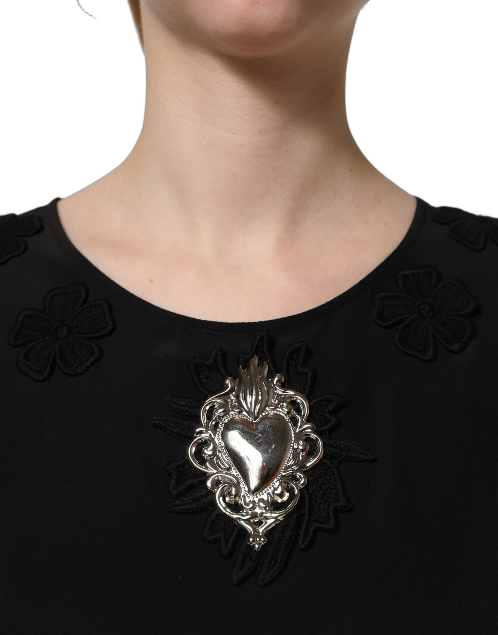 Dolce & Gabbana Black Floral Silk Heart Appliqué Blouse Top